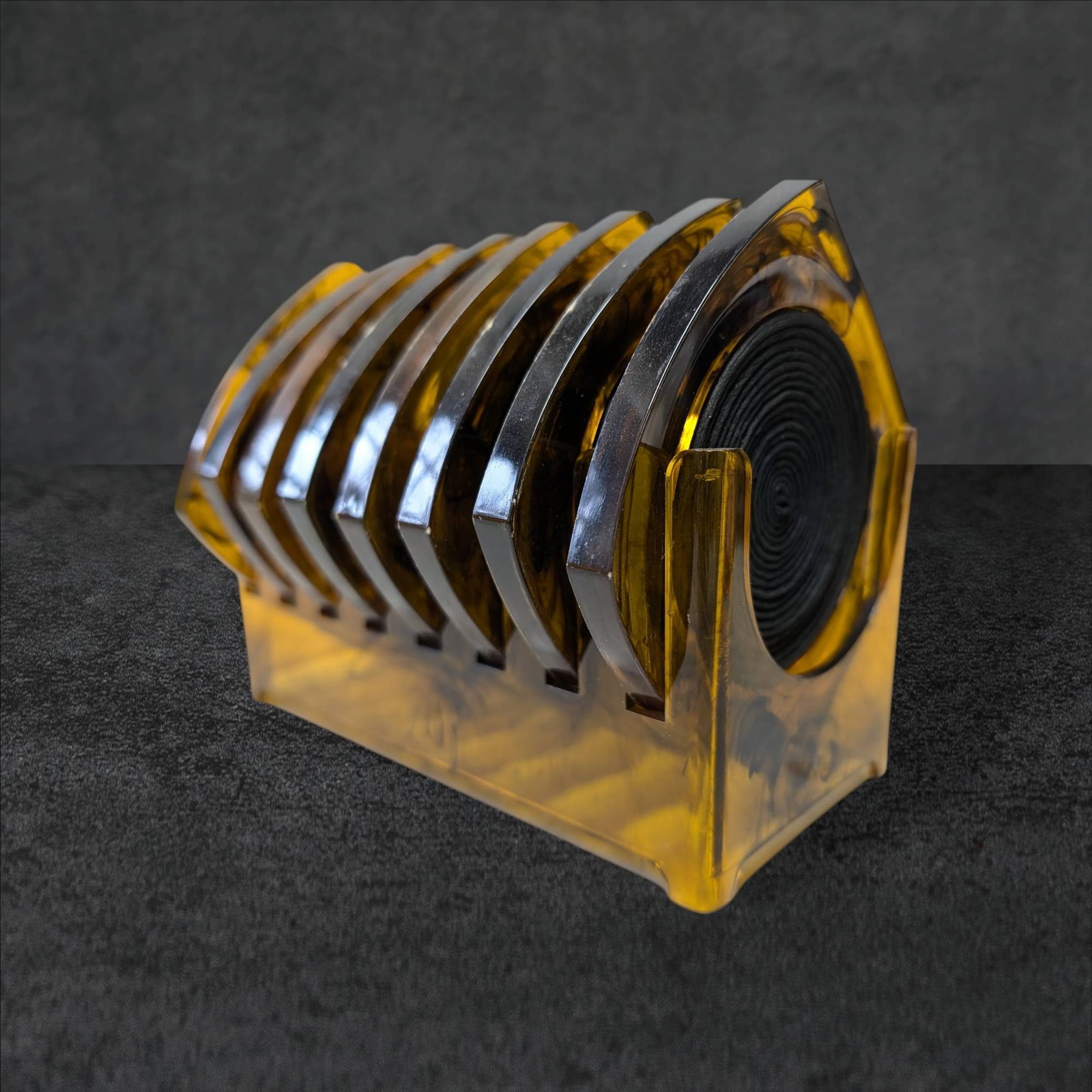 1960sâ€“1970s Amber Lucite Coasters with Matching Rack, Set of Eight (1 of 2)