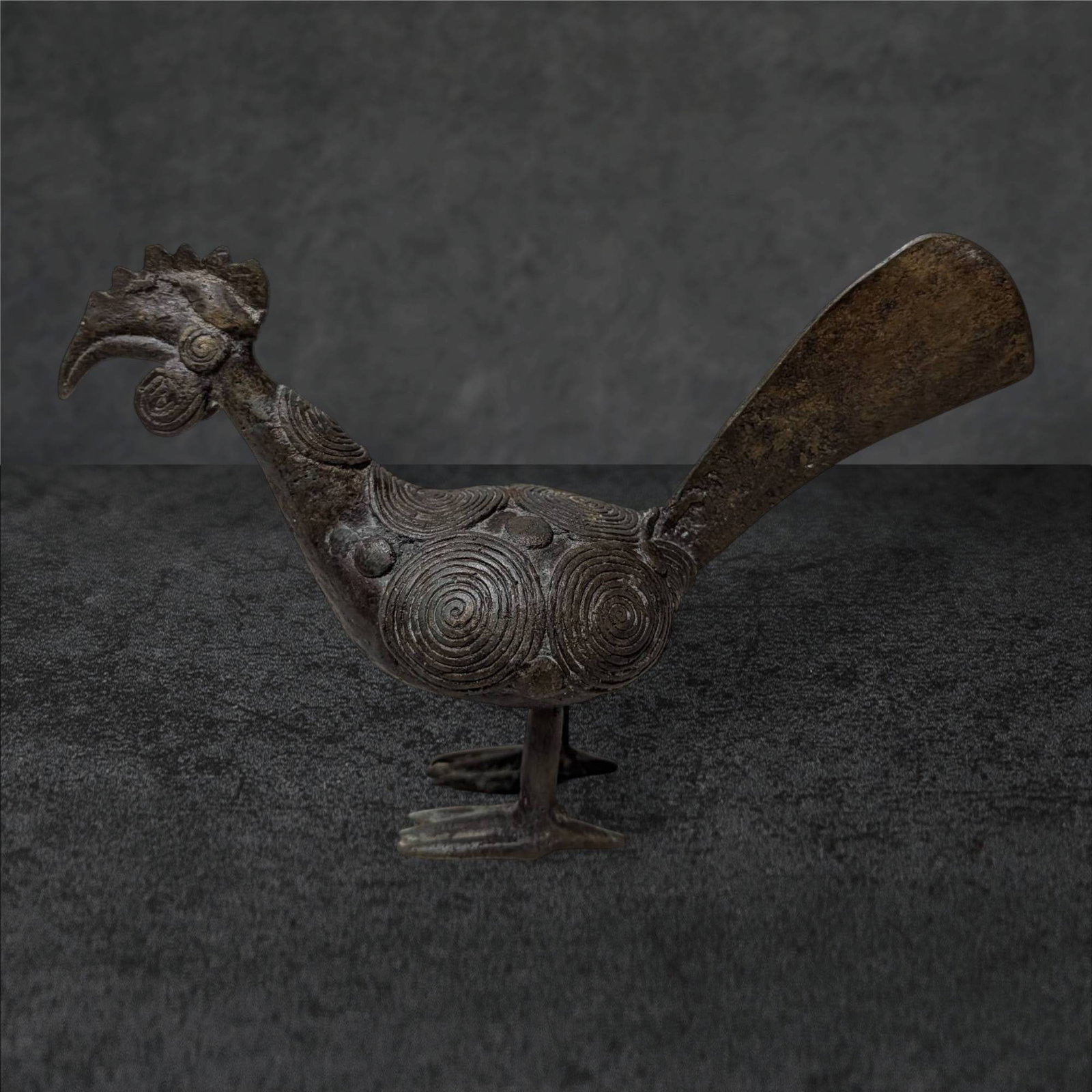 Vintage West African Bronze Sculpture of a Long-Tailed Bird with Spiral Motifs (1 of 5)