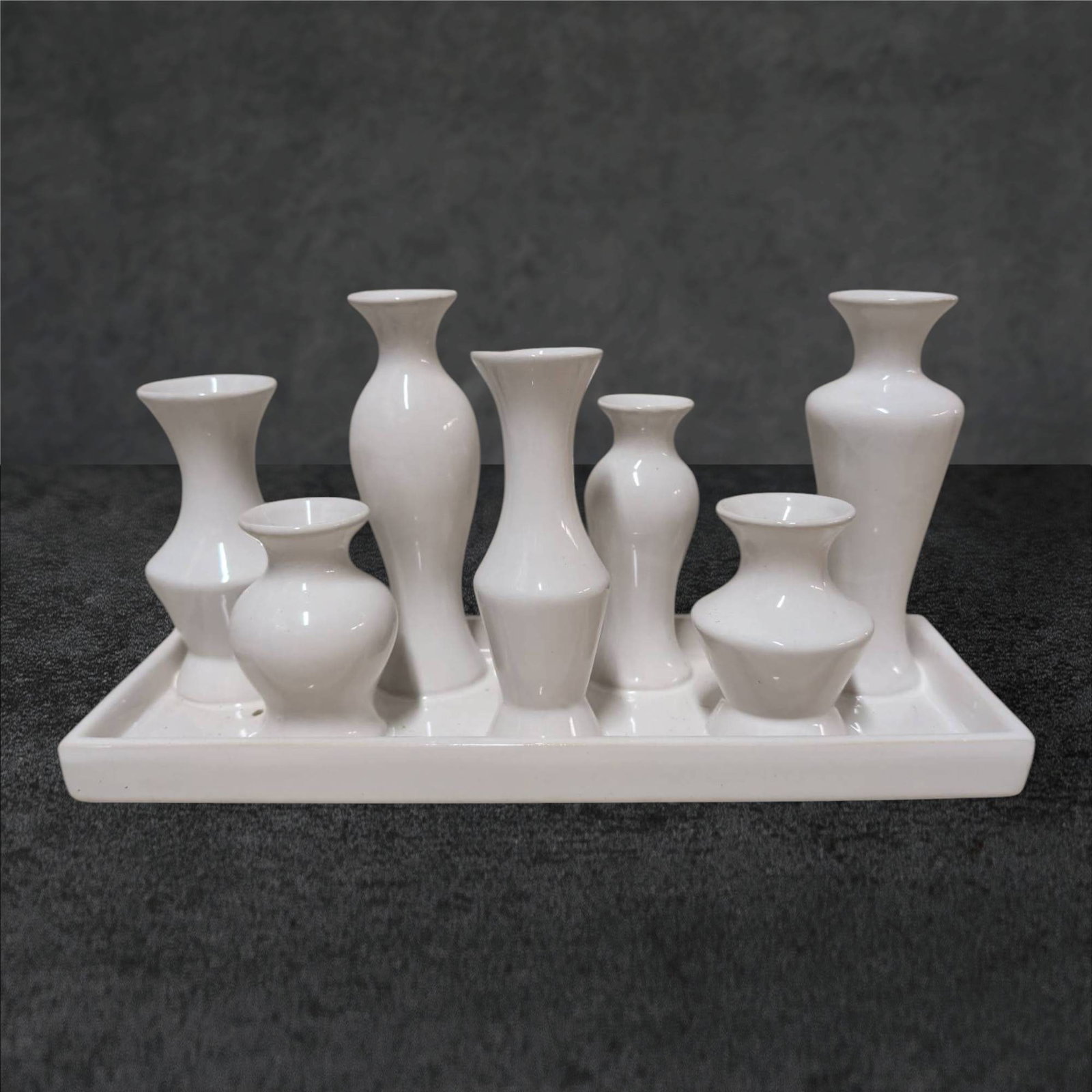 White Ceramic Multi-Urn Bud Vase Set on Tray, 12 x 4.5 x 6 Inches (1 of 3)