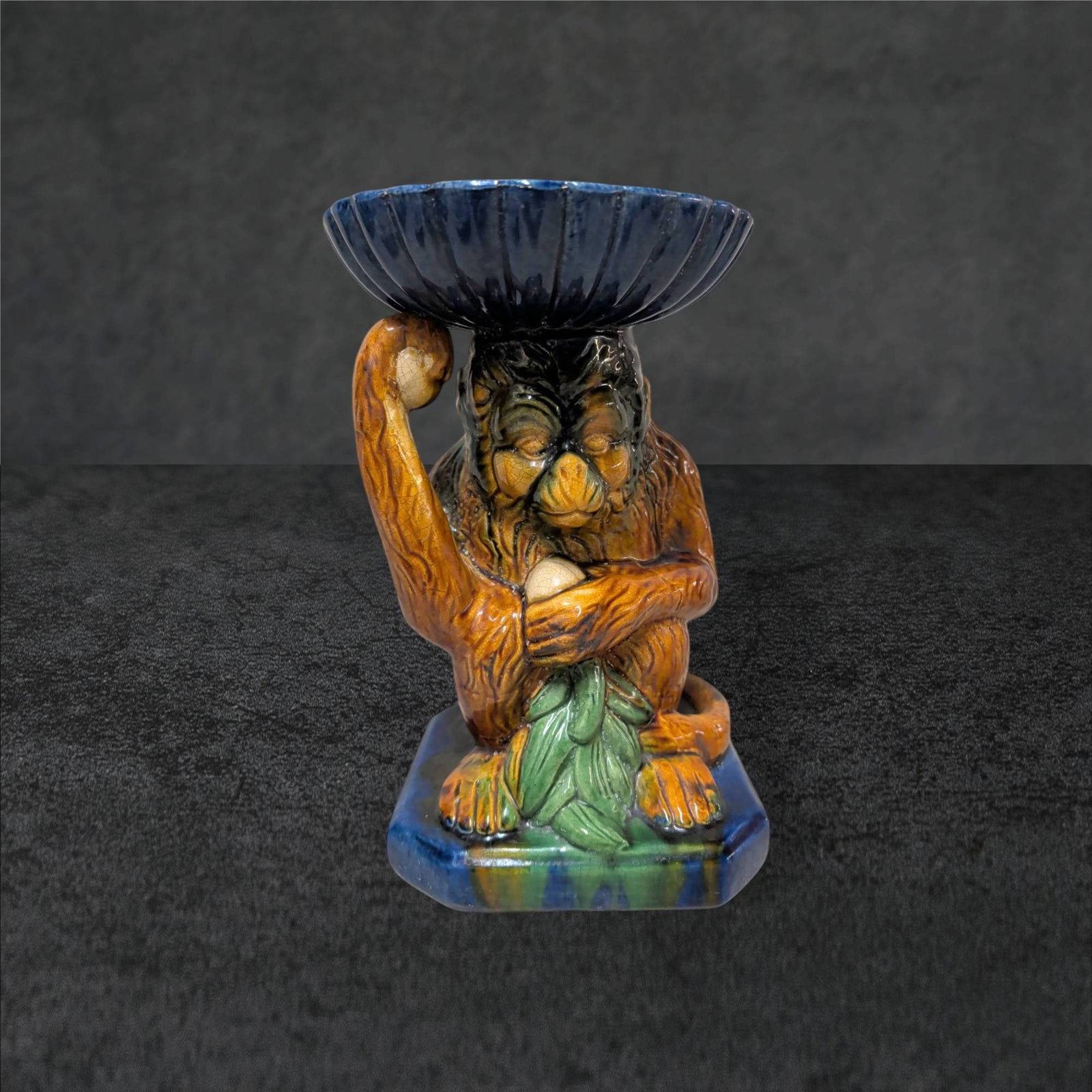 Vintage French Majolica Monkey Plant Holder or Fruit Bowl, 10 x 6 x 6 in. (1 of 5)