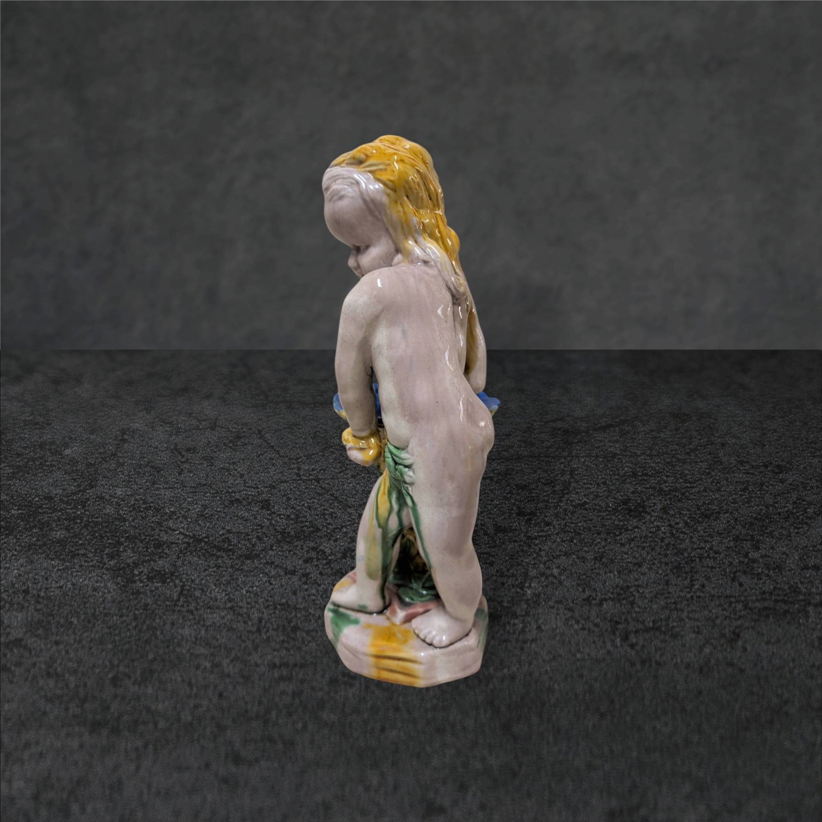 Majolica Pottery Putti Figurine with Basket, 11 Inches Tall (1 of 5)