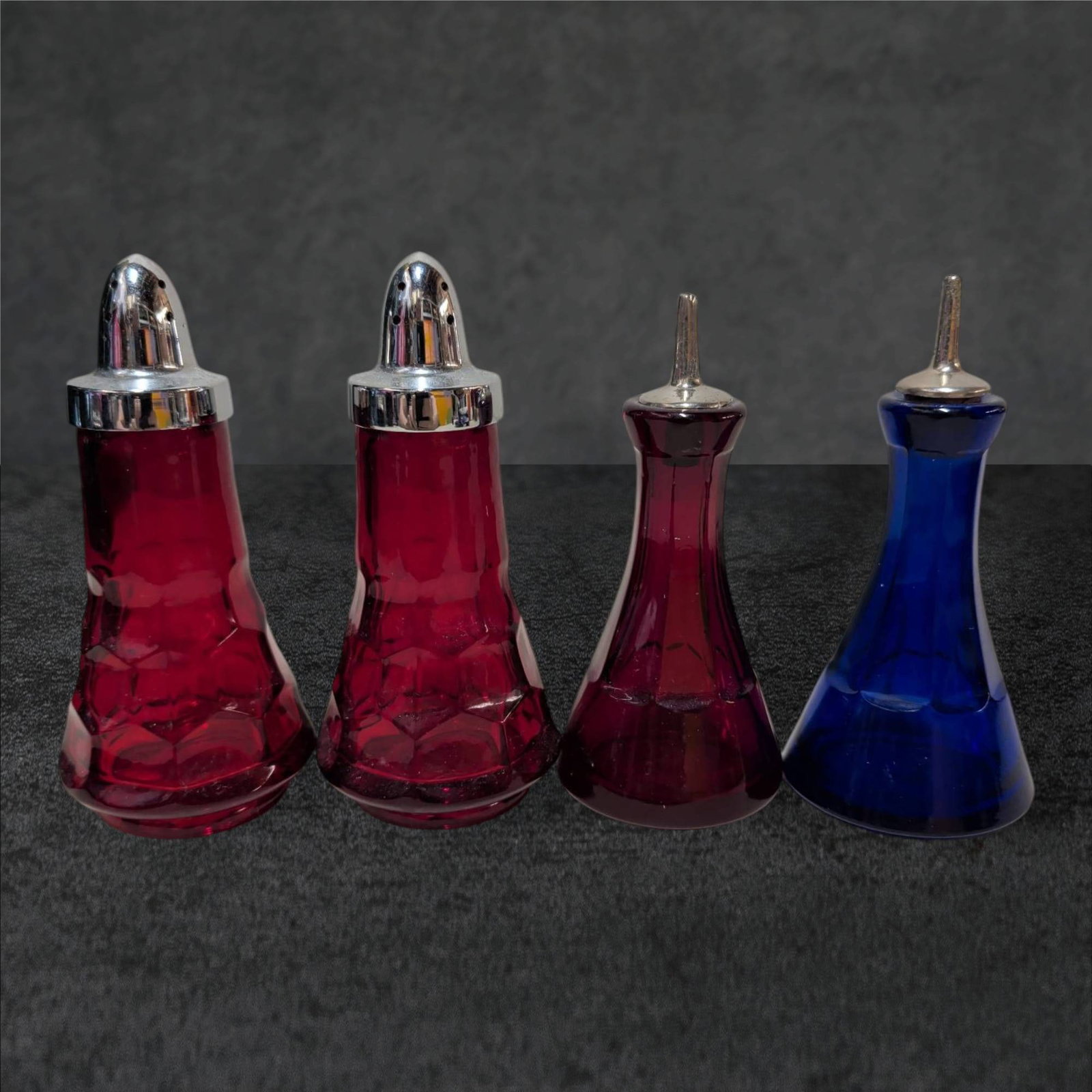 Red and Blue Glass Shakers with Chrome-Plated Tops, 5 In. Tall (1 of 3)
