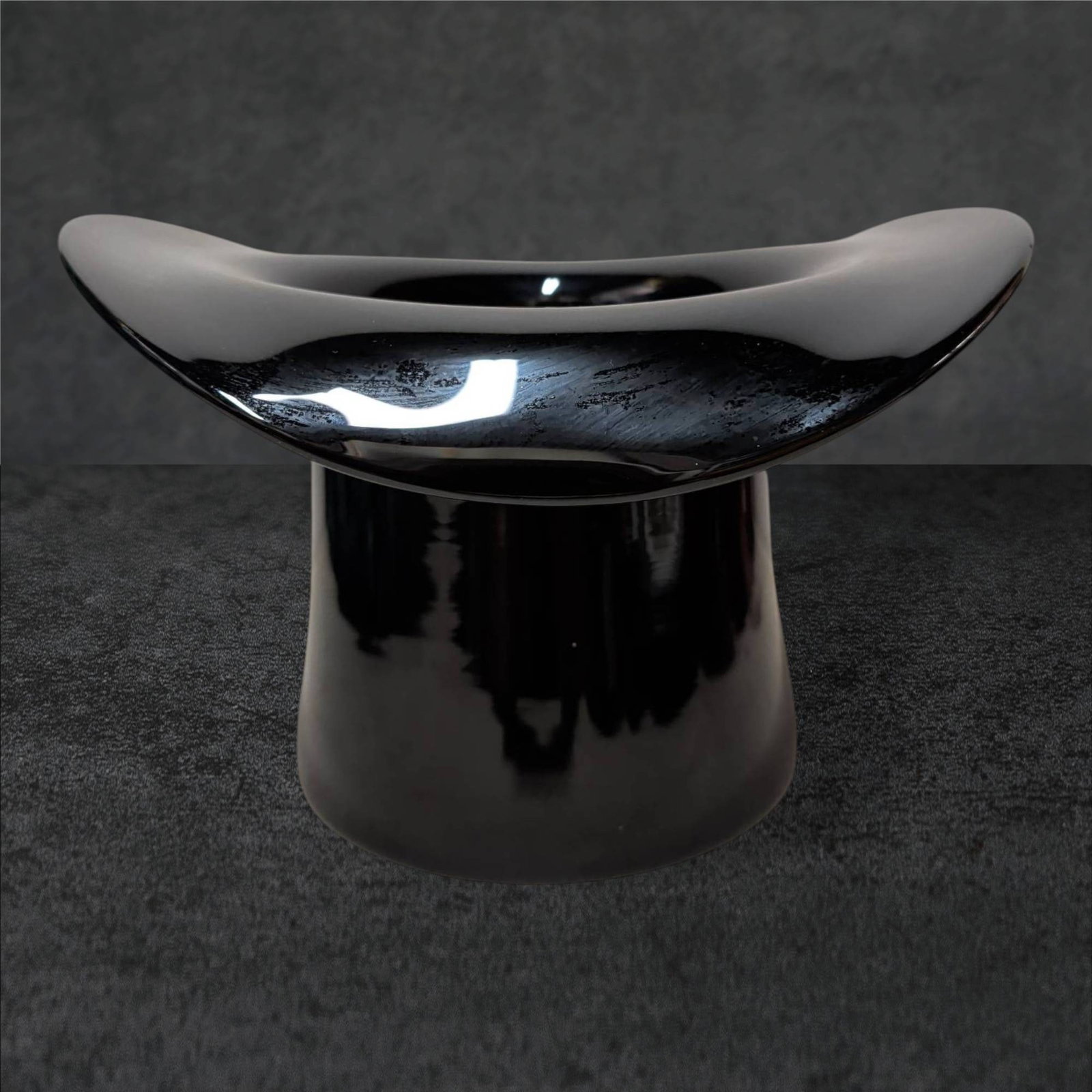 Large Amethyst Glass Vase, Hat Form, 12 in Diameter: Large amethyst glass vase designed in the form of a top hat. Measures approximately 12 inches in diameter at the widest point, 8 inches tall, and 7 inches in diameter at the base. Crafted in dark, glo