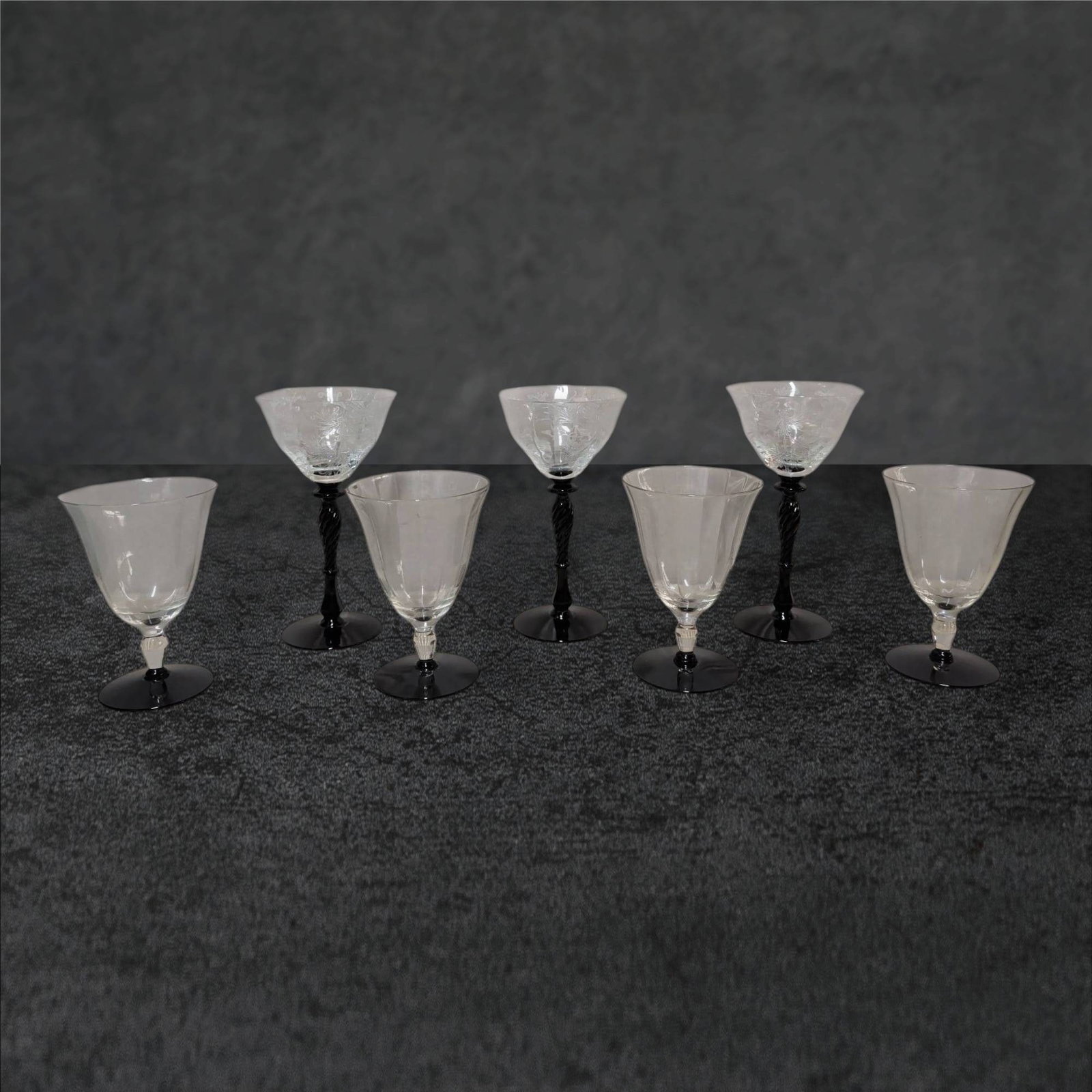 Seven Black Amethyst Glass Stemmed Goblets and Wine Glasses (1 of 4)