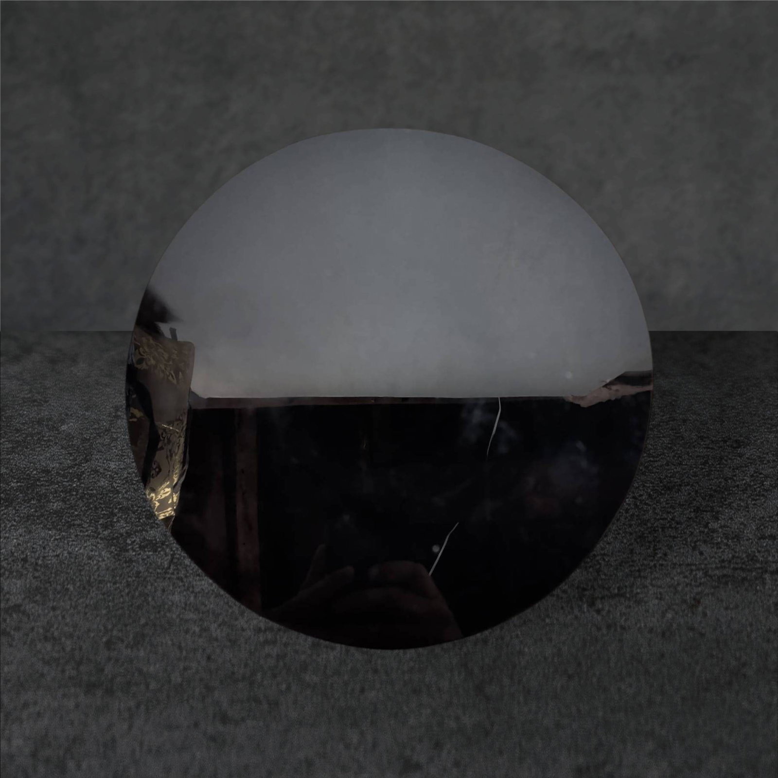 Black Amethyst Glass Paint Plate, 9 3/4 Inches in Diameter: Circular black amethyst glass plate measuring approximately 9 3/4 inches in diameter. The plate features a reflective finish on one side and a textured surface on the reverse side. Exhibits wear consi