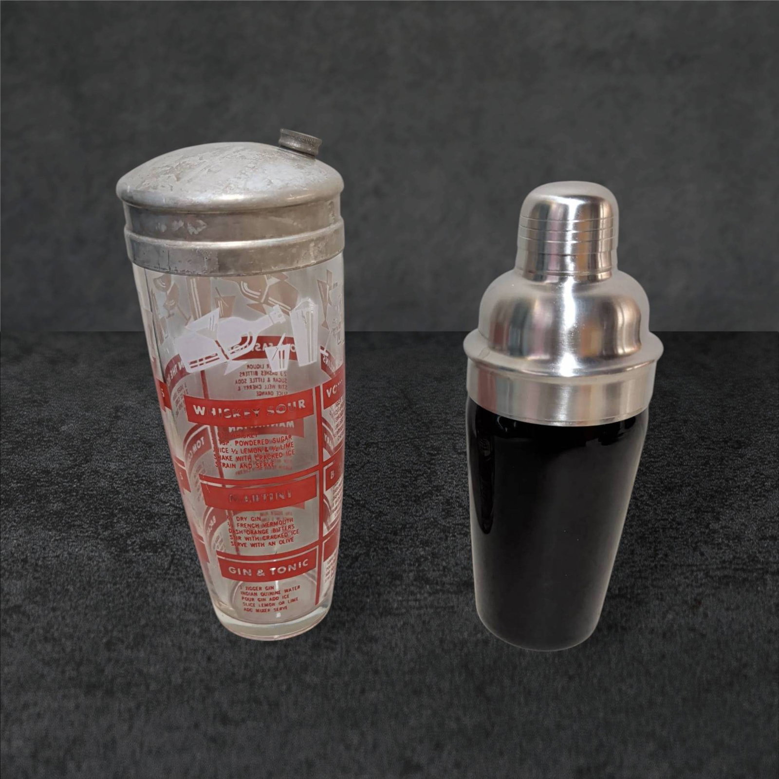Vintage Cocktail Shakers: Glass with Recipe Graphics and Black Amethyst Glass (1 of 3)