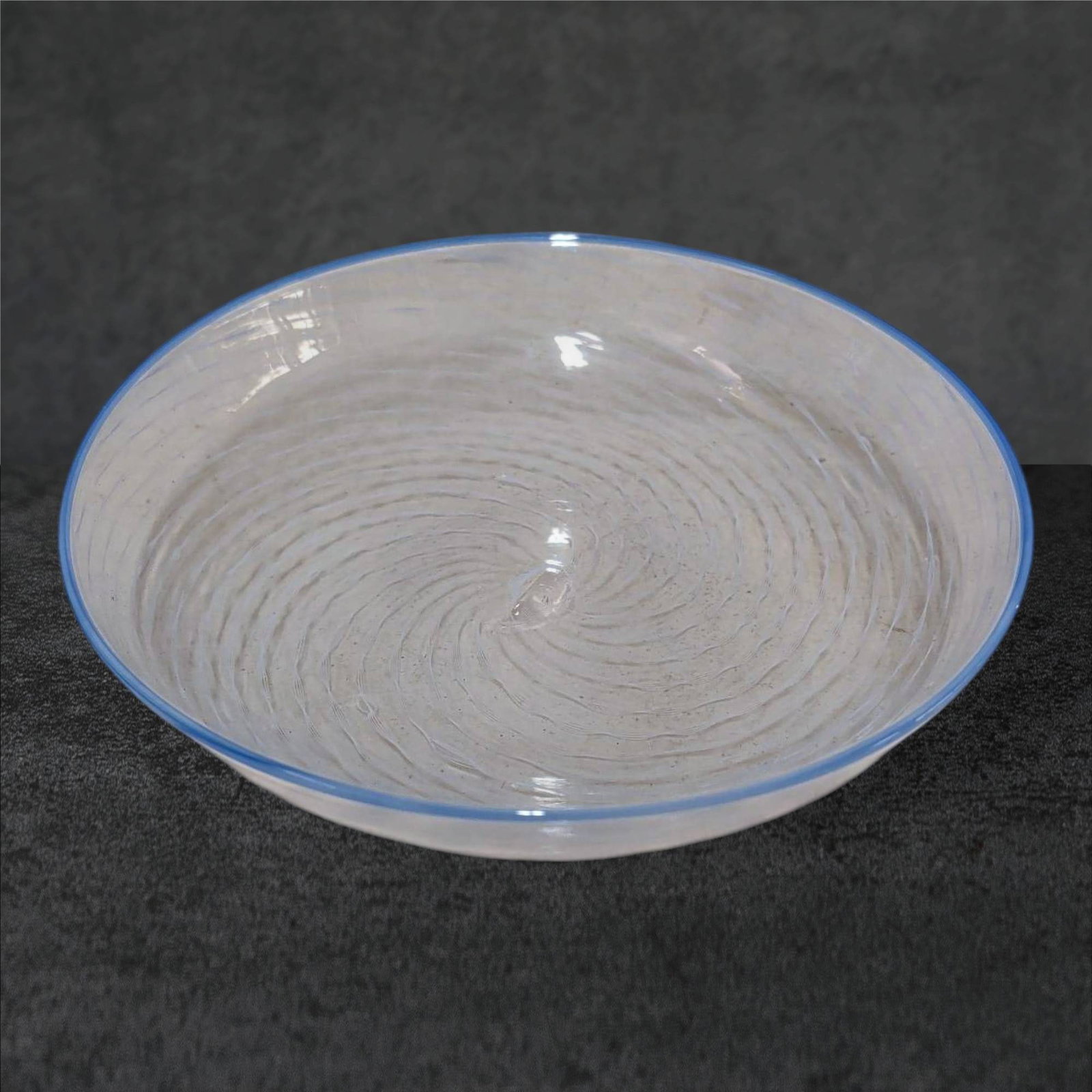 Swirled Art Glass Bowl with Blue Rim, 9 Inches in Diameter (1 of 2)
