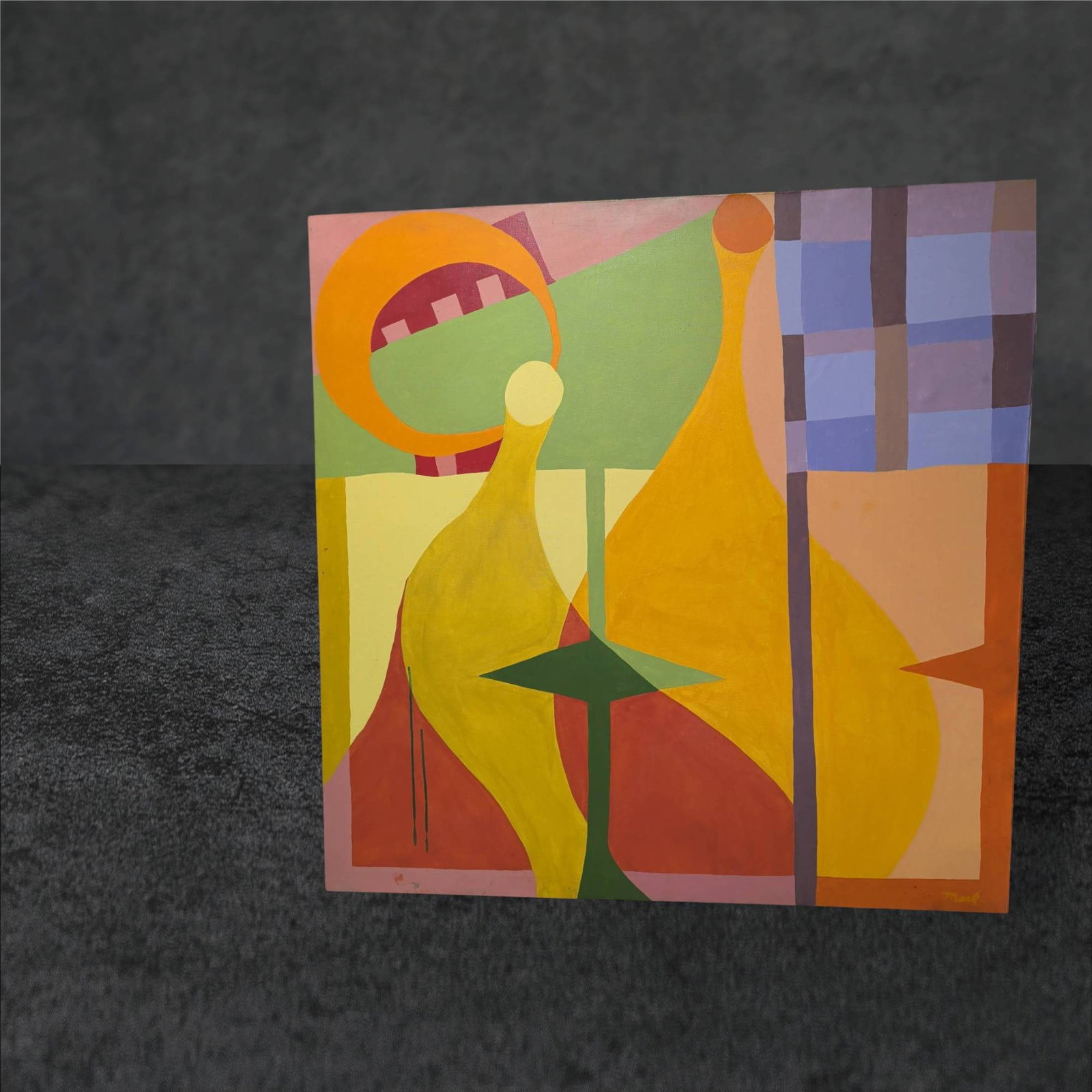 Abstract Painting Signed by Artist â€˜Mark,â€™ 48 x 48 Inches: Square abstract painting measuring 48 inches by 48 inches. Features a vibrant composition of geometric shapes and bold colors, including shades of yellow, orange, green, and purple. Signed â€˜Mark