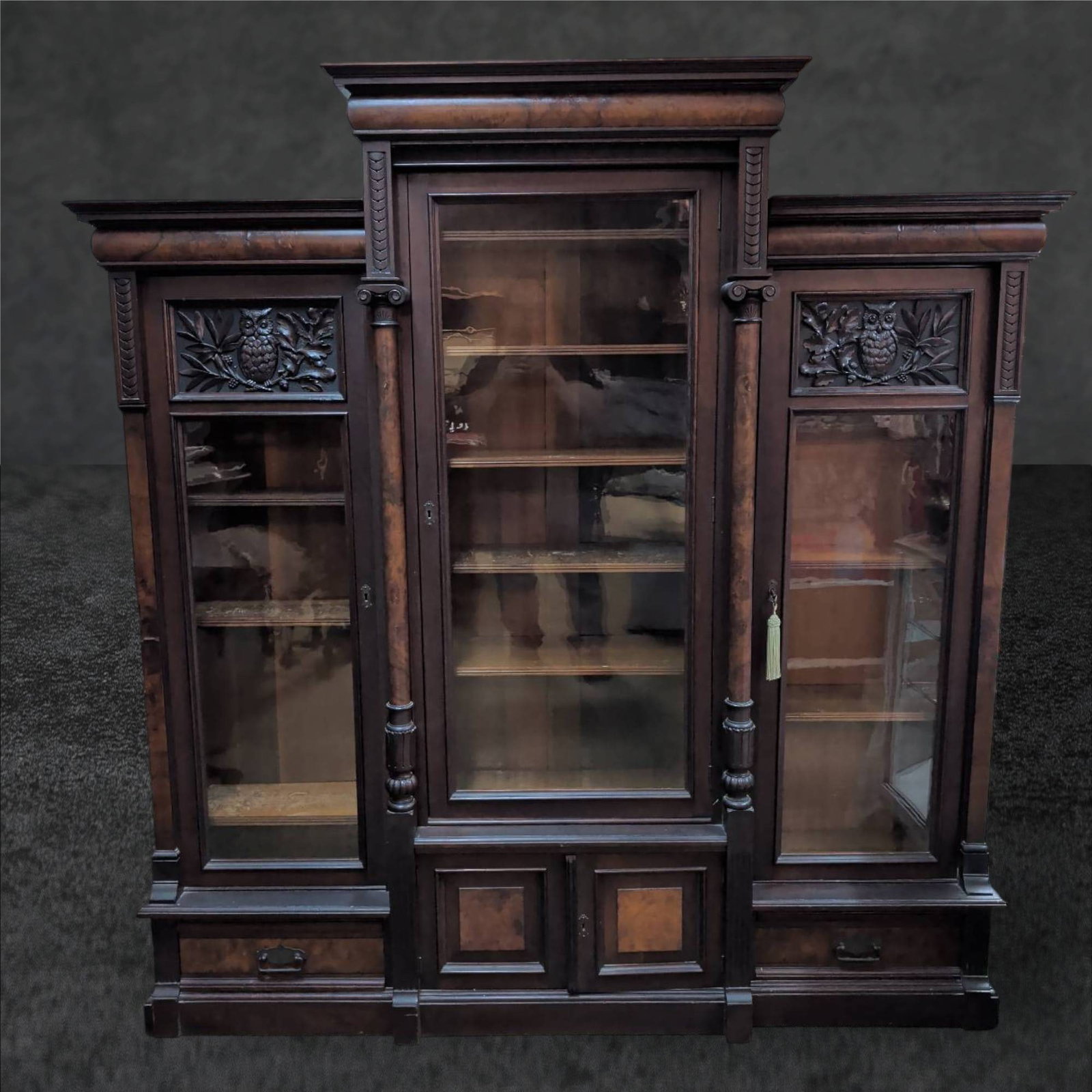 Victorian Burl Wood Display Cabinet with Mirrored Back and Owl Motif Carvings (1 of 4)