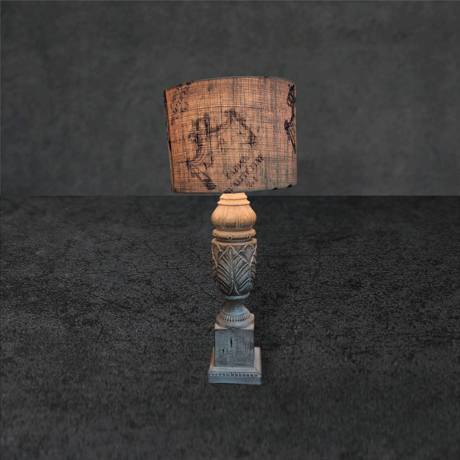 Decorative Modern Lamp with Burlap Shade and French Motif, 29 Inches Tall: Decorative lamp featuring a sculpted base with a French-inspired motif and a beige burlap drum shade. Base appears to have a distressed wood-like finish, complemented by intricate carved details. Tota