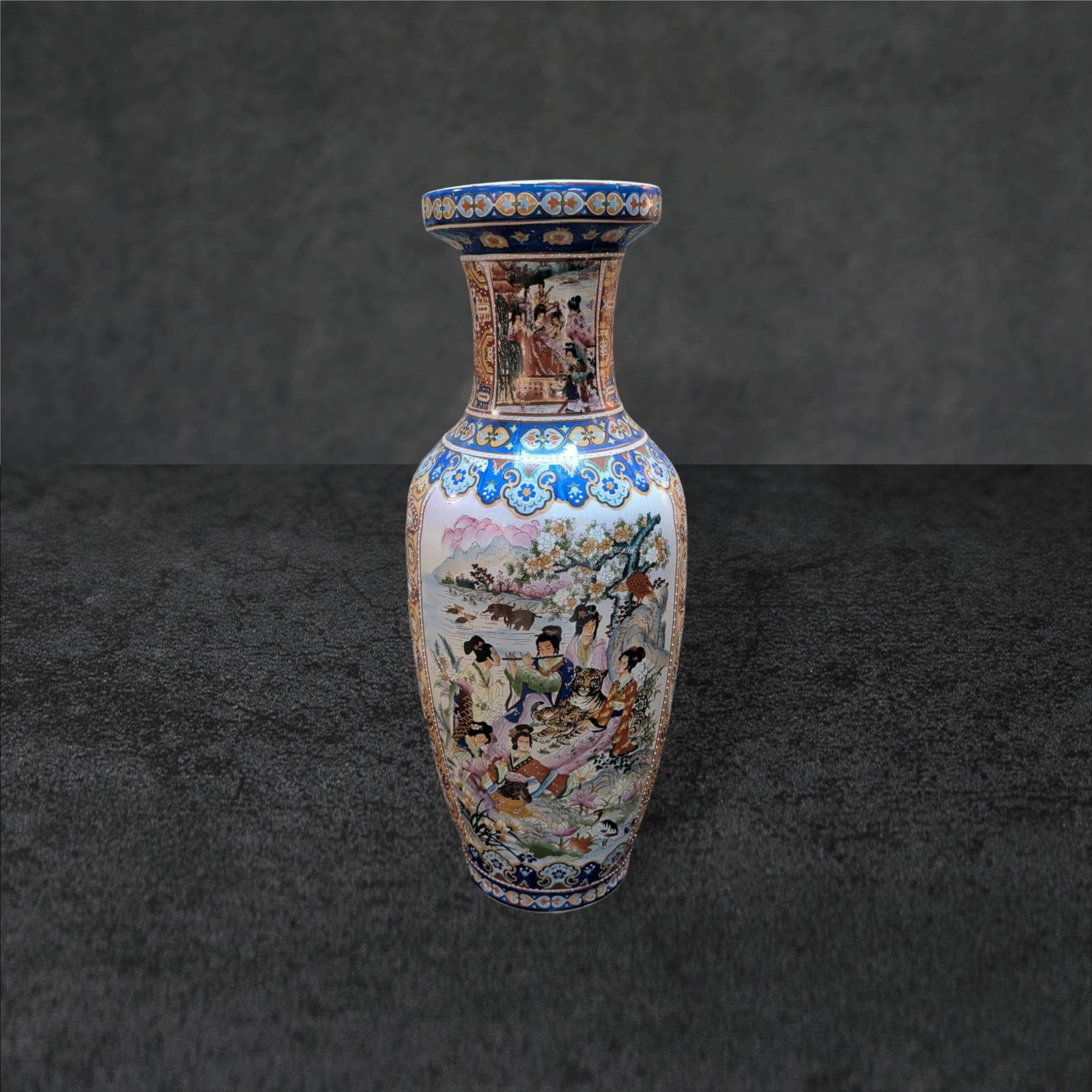 Large Chinese Porcelain Vase with Hand-Painted Scenes, 23 1/2 In Tall: A tall Chinese porcelain vase measuring 23 1/2 inches in height with a top diameter of 6 3/4 inches. Features hand-painted multi-figure scenes and intricate ornate patterns in rich colors. Marked on t