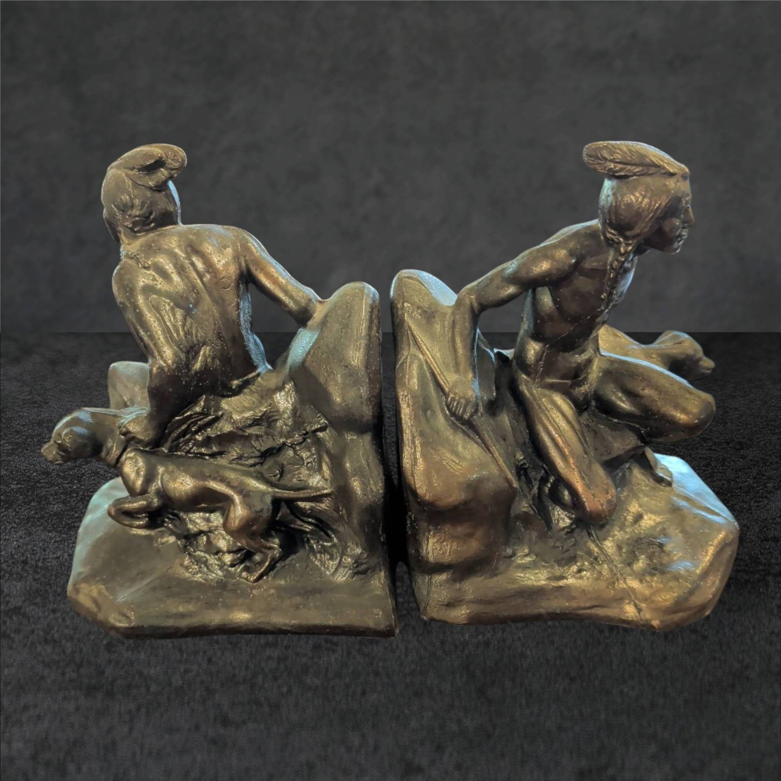 Vintage Bronzed Clad Indian Scout with Dog Sculpture Bookends, 6 in. x 5 in. x 4 in. (1 of 4)