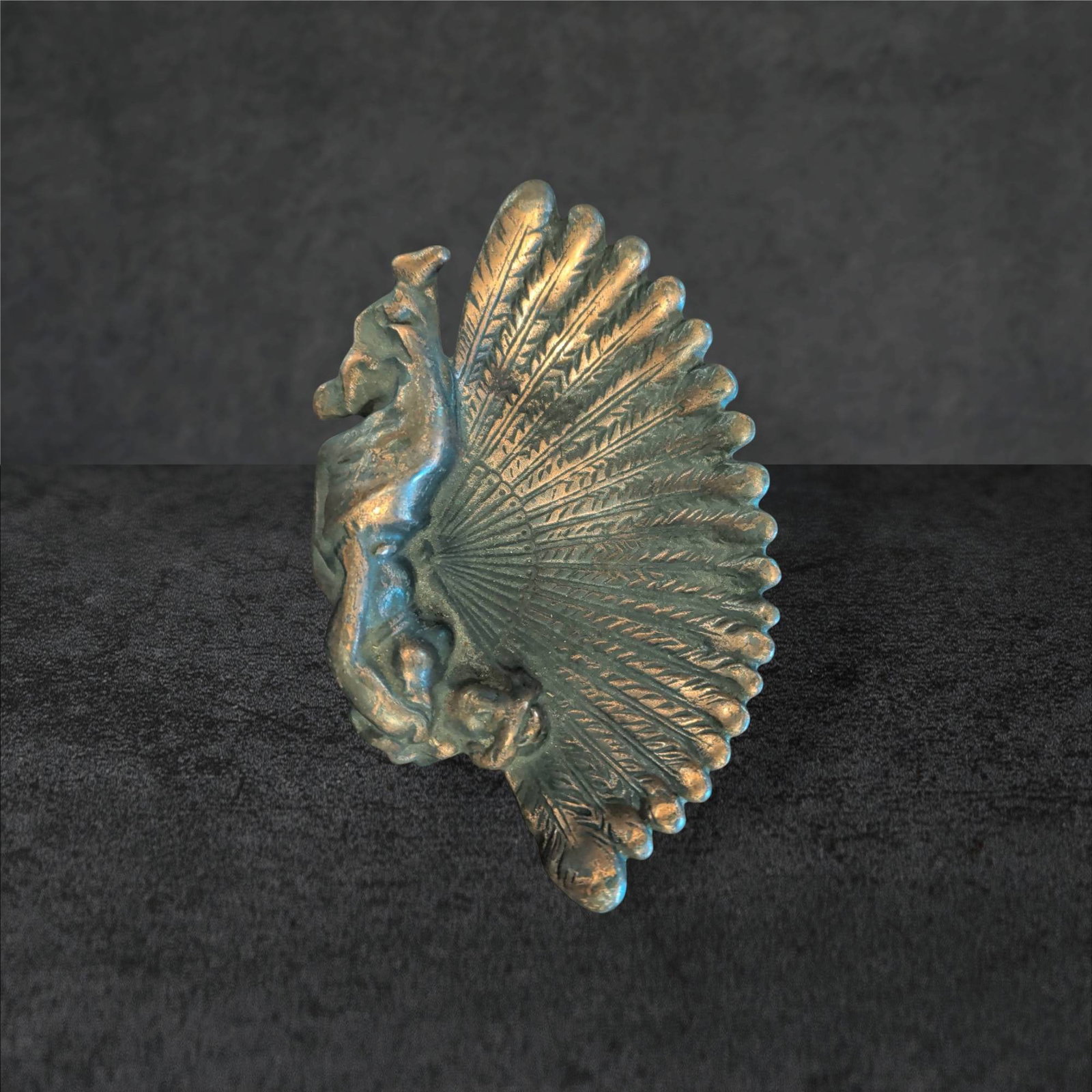 Bronze Art Deco Calling Card Dish with Shell and Reclining Figure, 6 x 4 in.: Bronze Art Deco calling card dish measuring approximately 6 x 4 inches. Features a shell-shaped design with a reclining figure element on one side. The textured shell surface and sculptural figure ref