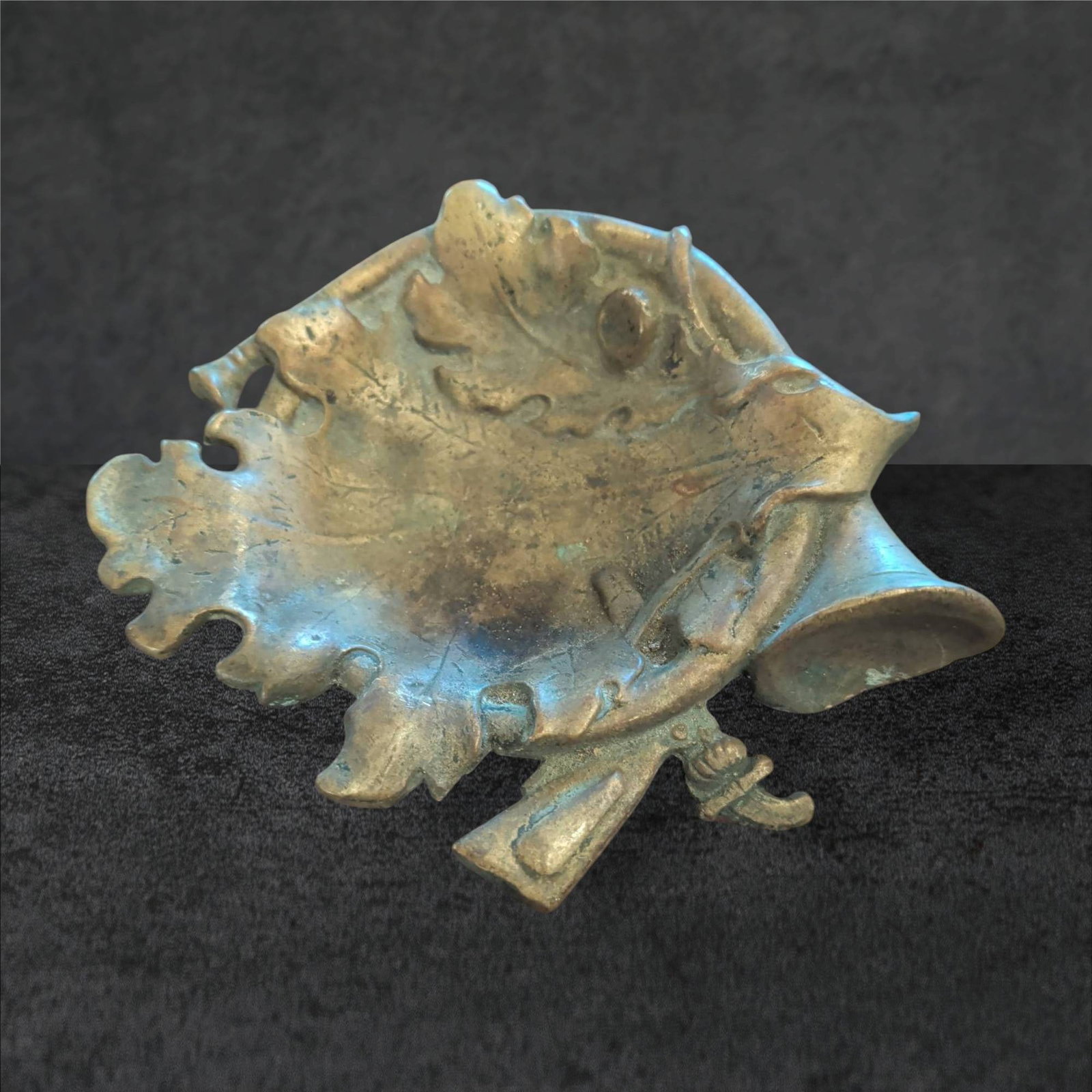 Brass Oak Leaf Calling Card Dish with Horn Motif, 5 1/2 in x 5 in (1 of 2)