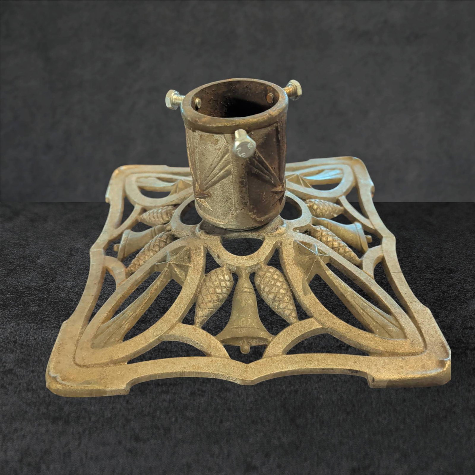 Turn-of-the-Century Cast Metal Stand with Pine Cone and Bell Decoration (1 of 2)