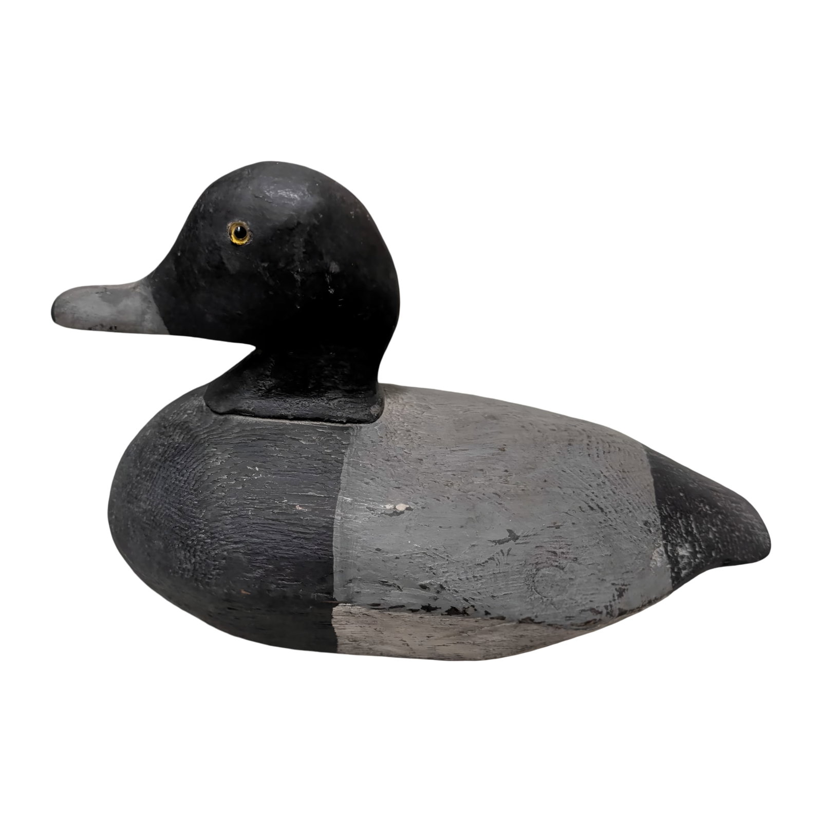 Unsigned Folk Art Duck Decoy, Blue-Pill Design, 13 x 6 x 7 in.: Hand-carved and painted unsigned folk art duck decoy featuring a blue-pill design. The piece measures approximately 13 inches in length, 6 inches in width, and 7 inches in height. Notable wear and