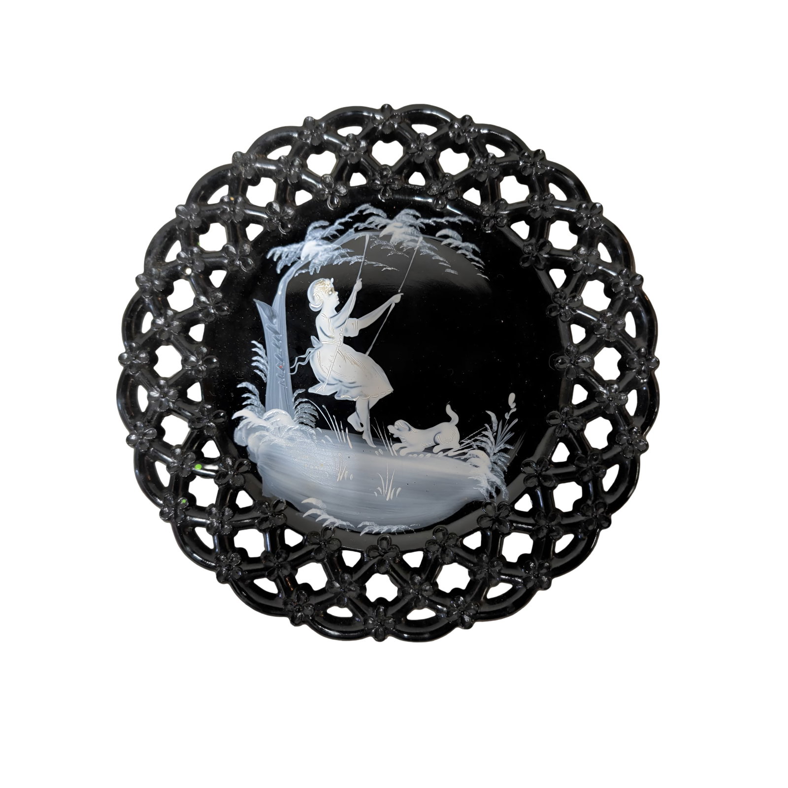 Vintage Westmoreland Black Milk Glass Plate with Mary Gregory Style Design: Westmoreland black milk glass plate featuring a hand-painted "Mary Gregory" style scene of a girl swinging with a dog in white enamel. Decorative openwork (lace) border and pressed glass
