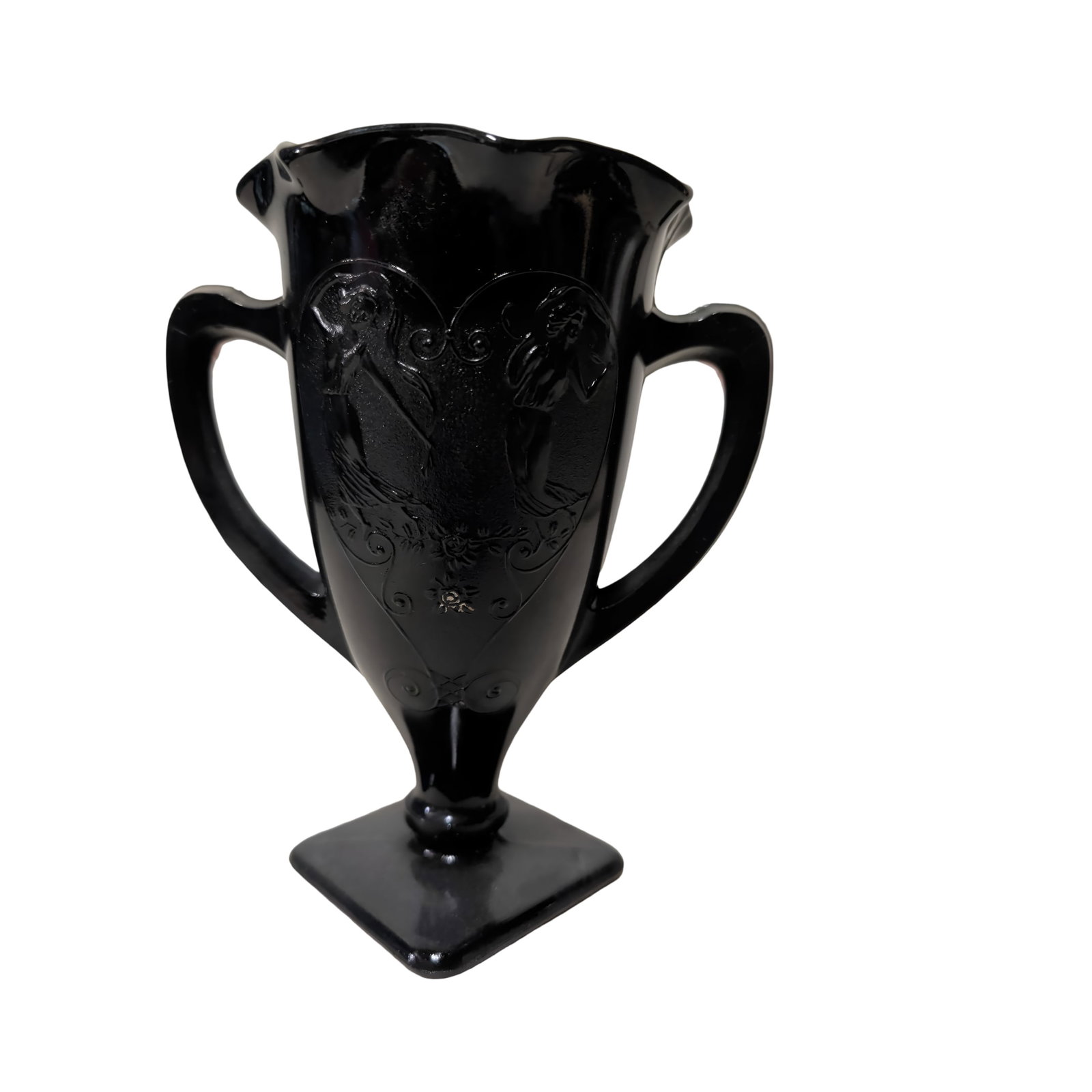 L.E. Smith Black Amethyst Glass "Dancing Nymphs" Loving Cup Vase: L.E. Smith black amethyst glass vase, commonly referred to as the "Dancing Nymphs" or "Snake Dance" loving cup vase, circa 1930s. Made of black amethyst glass that reveals a deep purple hue when expos