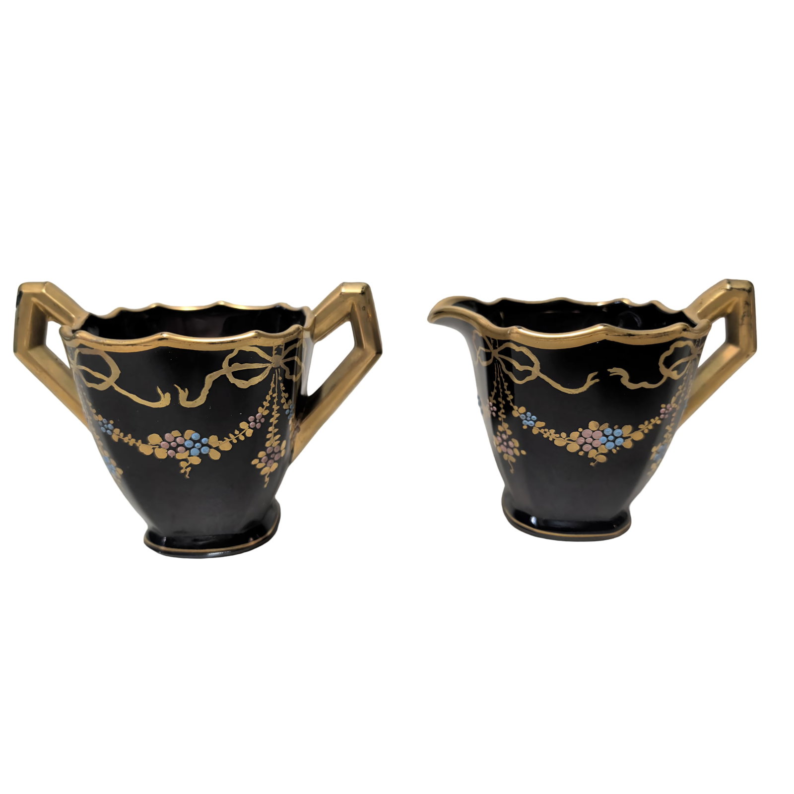 Black Amethyst Glass Sugar Bowl and Creamer Set with Hand-Painted Gold and Floral Motifs (1 of 2)