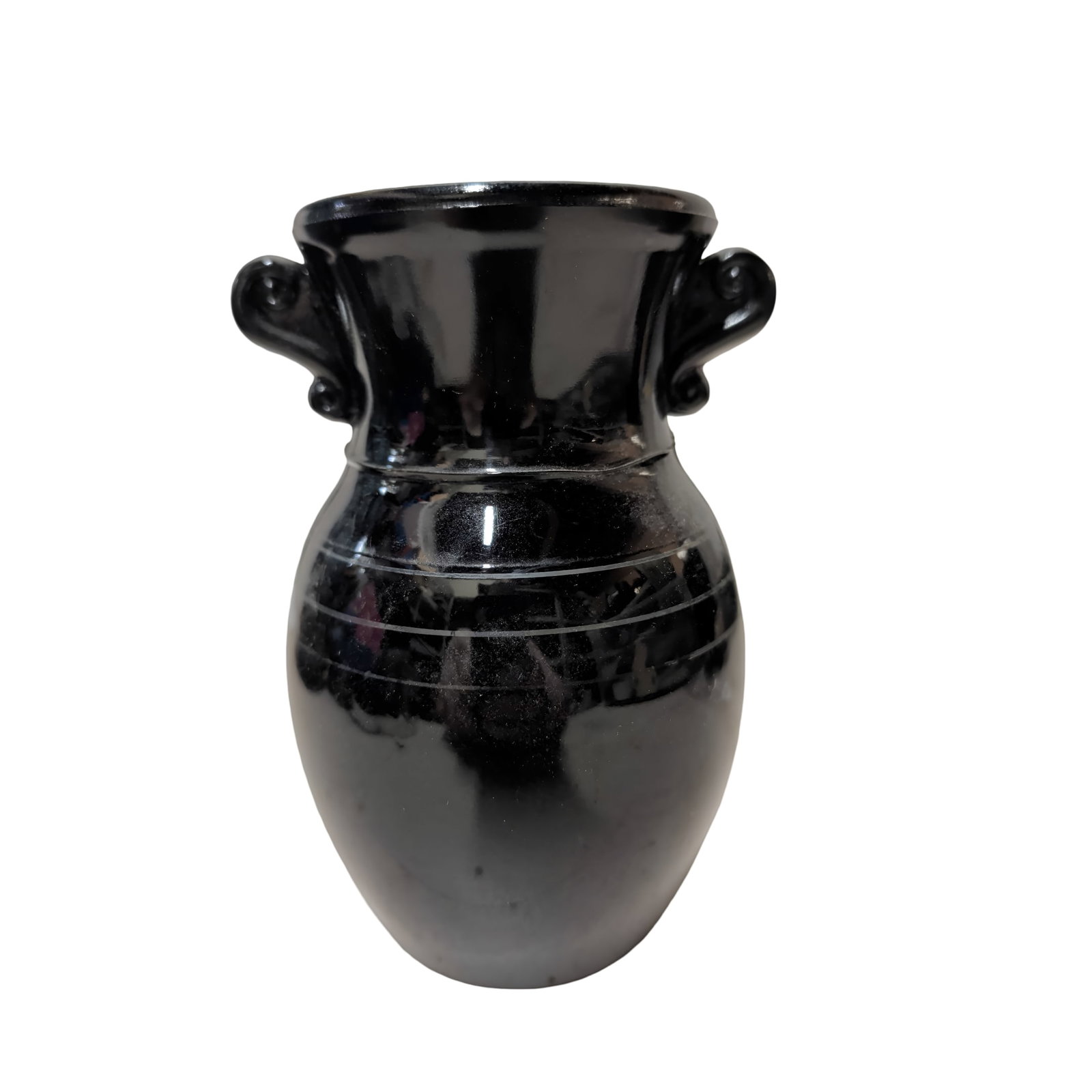 Tiffin Black Amethyst Glass 6" Handled Grecian Urn Vase with Matte Pinstripe: Tiffin glass vase in black amethyst glass featuring a Grecian urn form with two side handles. Measures 6 inches in height. Subtle matte pinstriping encircles the midsection, adding elegant contrast to
