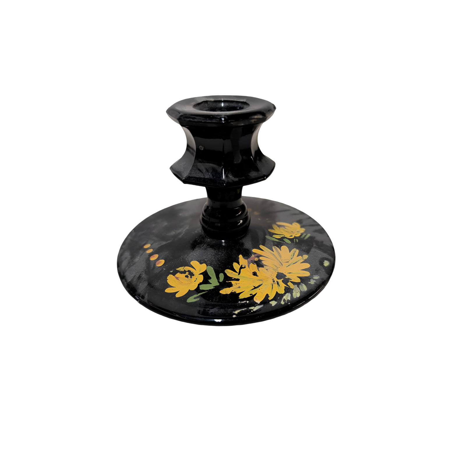 Turn of the Century Black Amethyst Glass Candlestick Holder with Hand-Painted Chrysanthemums: Black amethyst glass candlestick holder featuring hand-painted yellow chrysanthemums. The design includes a 4.5-inch-diameter base with a central stem and holder for a single candle. The glass has a g