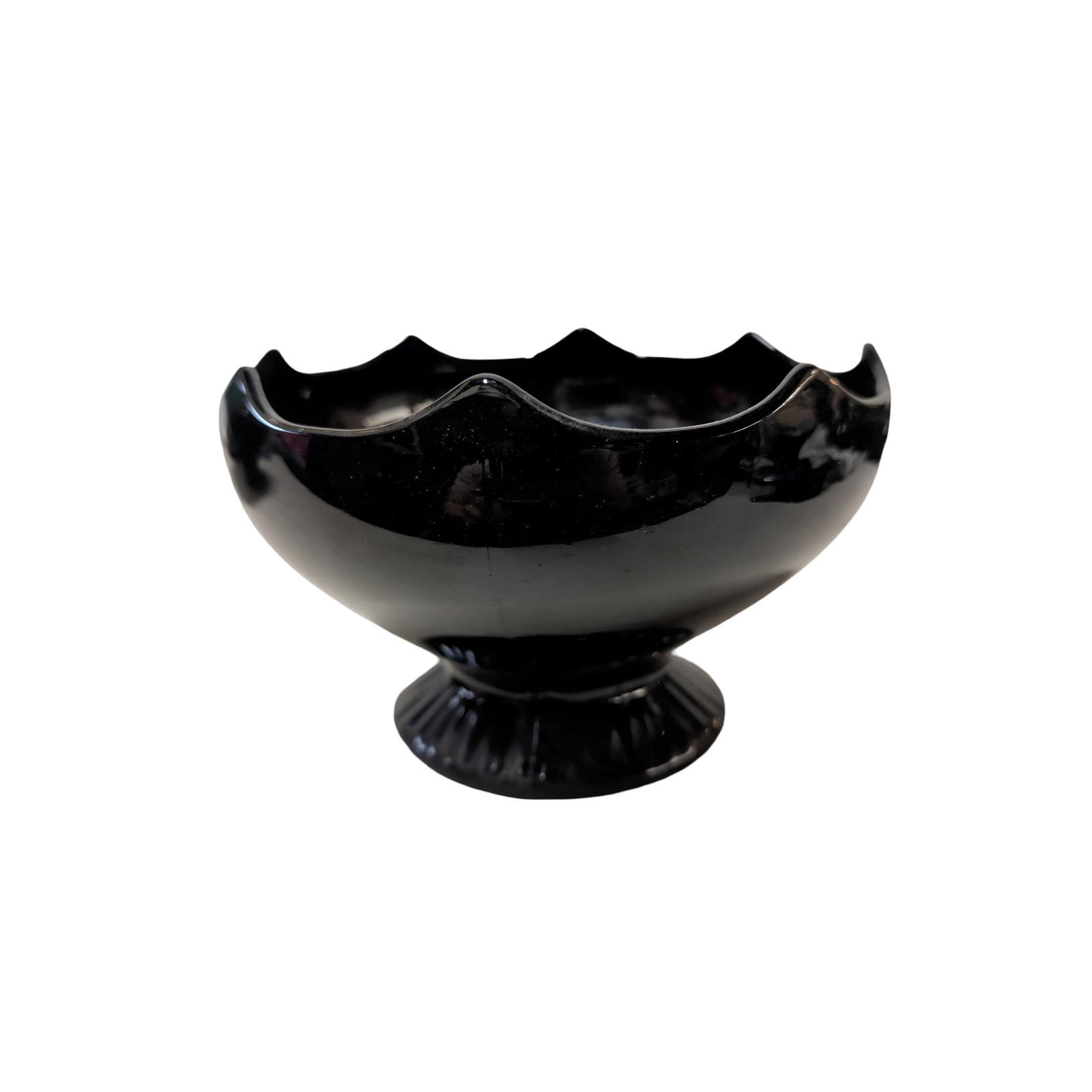 LE Smith Black Amethyst Pedestal Candy Dish with Scalloped Edge, 1930s-1940s: LE Smith Black Amethyst pedestal candy dish made of deep purple glass that appears black. Features a scalloped edge rim and ribbed pedestal base. Measures approximately 4.5 inches tall and 7 inches in
