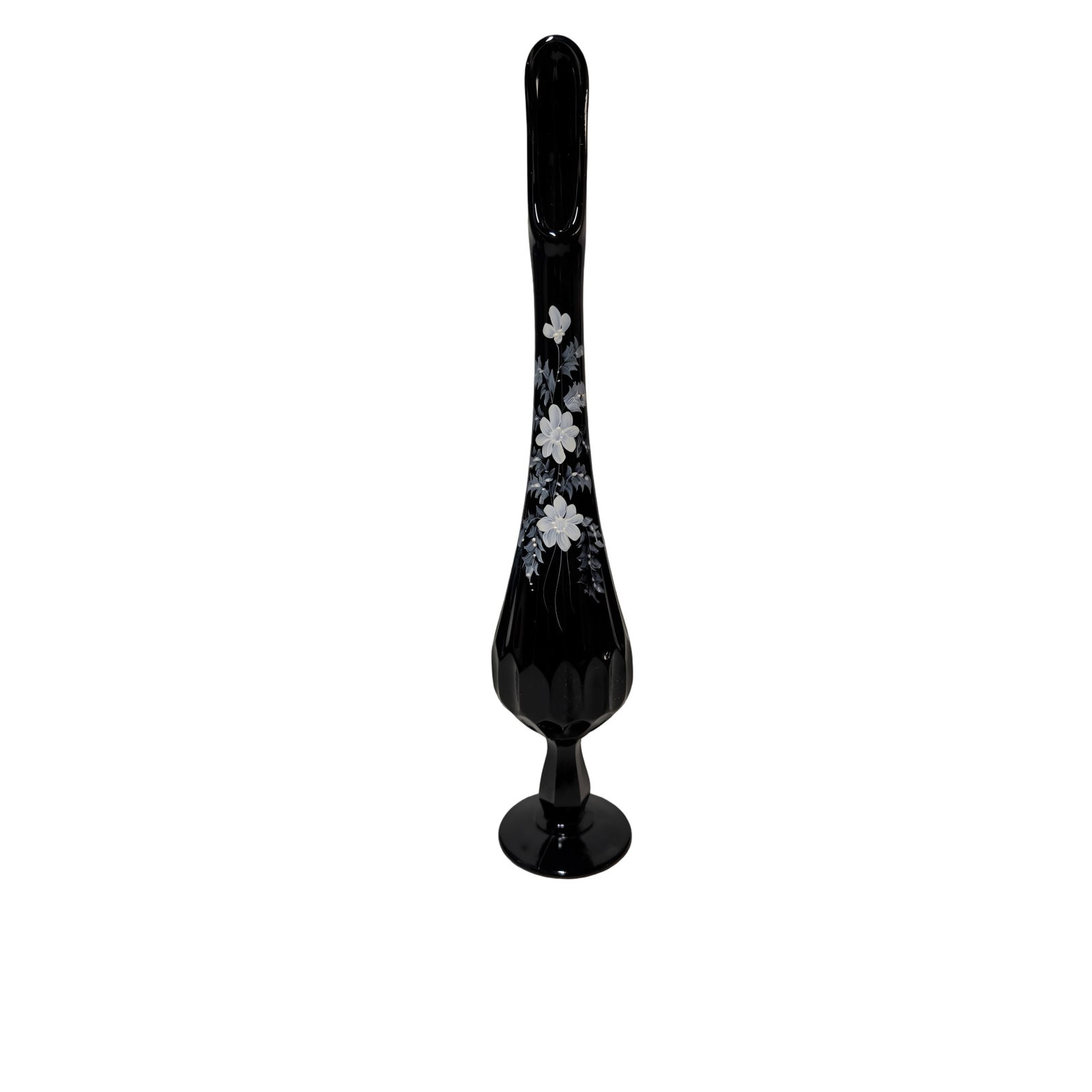 Vintage Fenton Black Amethyst Glass Swung Bud Vase with Hand-Painted Floral Design (1 of 3)