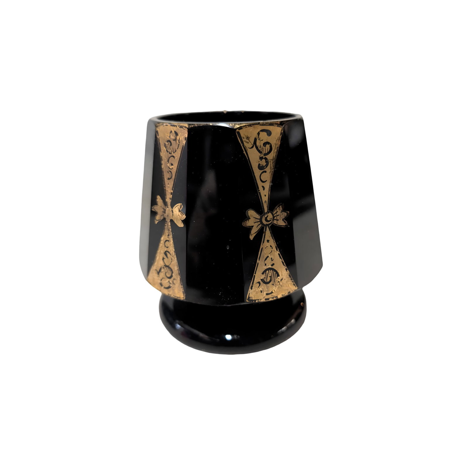 Vintage Black Glass Pedestal Vase with Gold Accents and Stylized Designs (1 of 3)