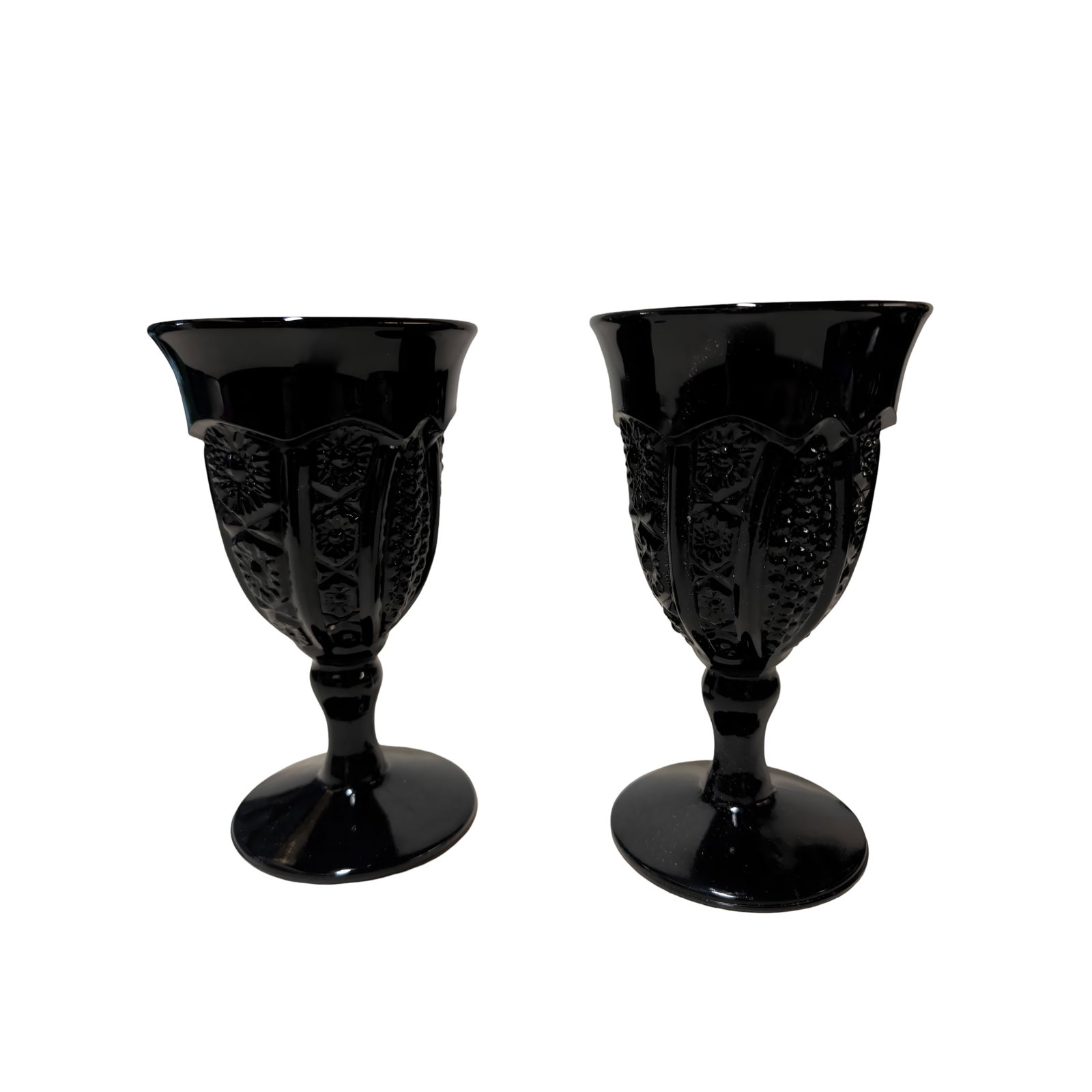 Two Tiara Indiana Glass Black Amethyst Goblets in Paneled Daisy Pattern (1 of 3)