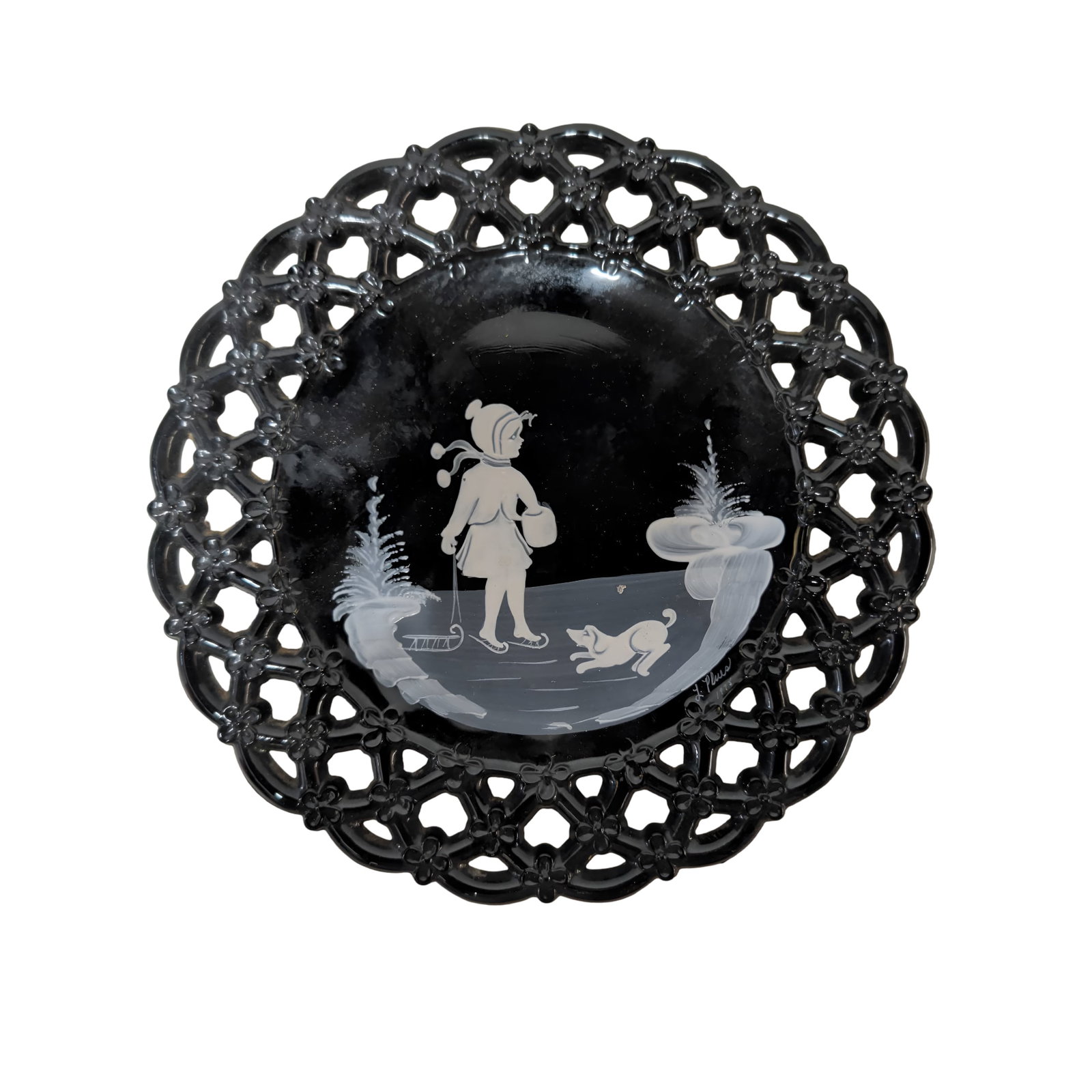 Westmoreland Black Glass Plate with Hand-Painted Mary Gregory-Style Art and Lattice Border (1 of 3)