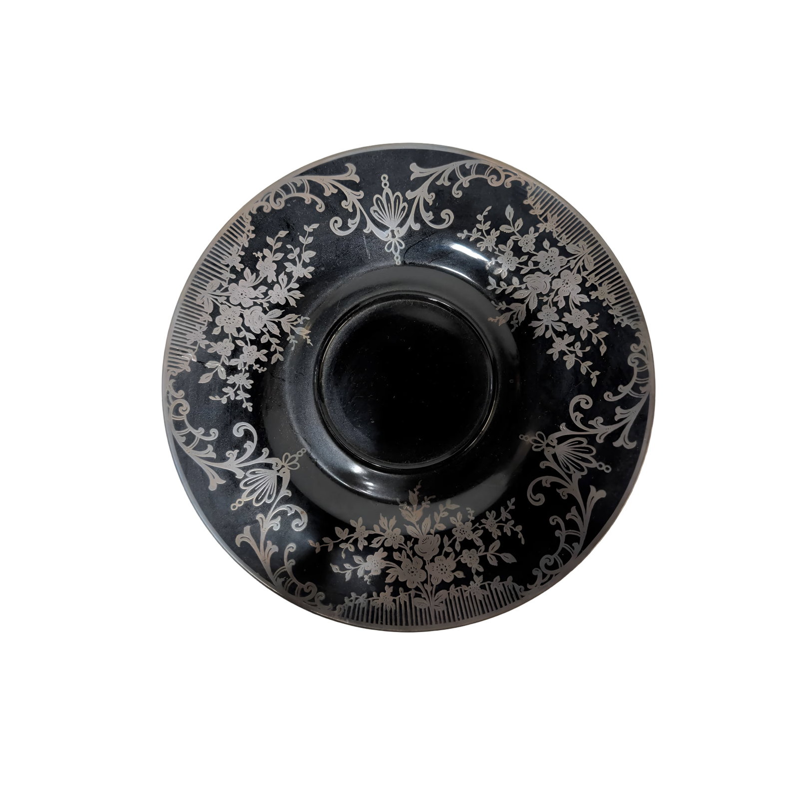 Vintage Black Amethyst Glass Plate with Sterling Silver Floral Overlay, 10-Inch Diameter (1 of 3)