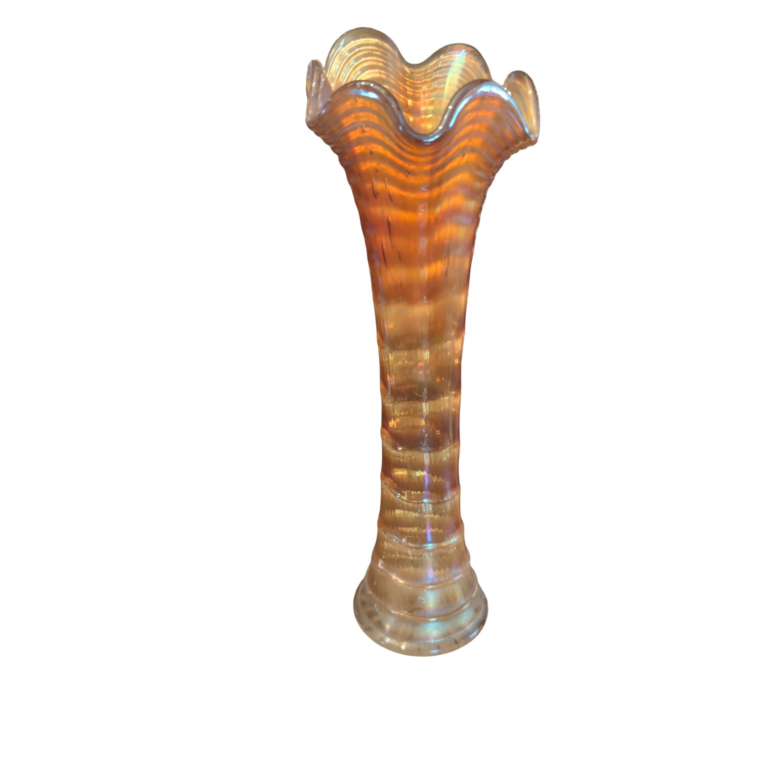 Vintage Imperial Glass Company "Ripple" Pattern Marigold Carnival Glass Vase, 11 1/4 In.: Vintage Imperial Glass Company vase featuring the "Ripple" pattern in marigold carnival glass. Designed with a vertical ripple pattern and a distinct flared, ruffled top. This piece has an iridescent 