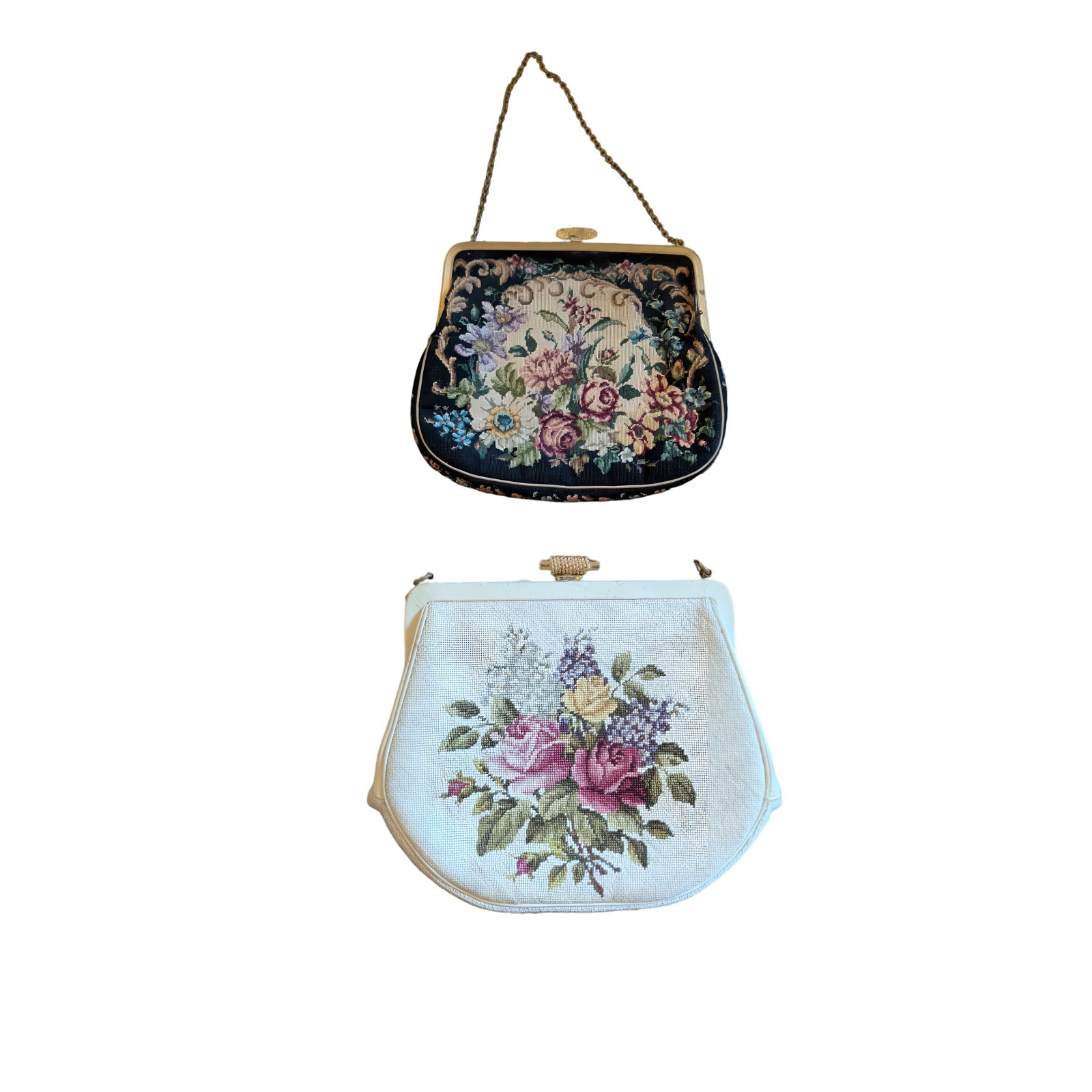 Two Vintage-Style Floral Needlepoint Evening Purses, 10x8 in and 8x7 in (1 of 3)