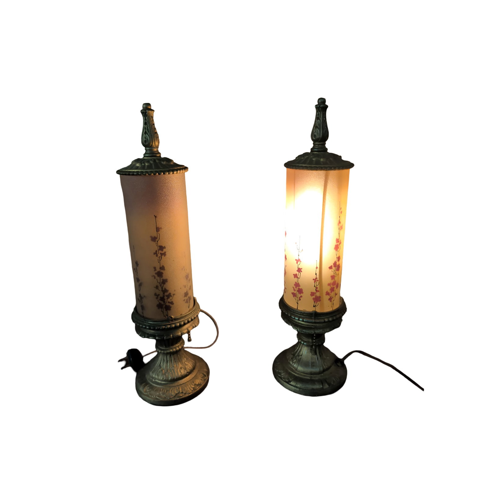Vintage Reverse-Painted Cylindrical Table Lamp with Yellow Glass Shade and Floral Design (1 of 4)
