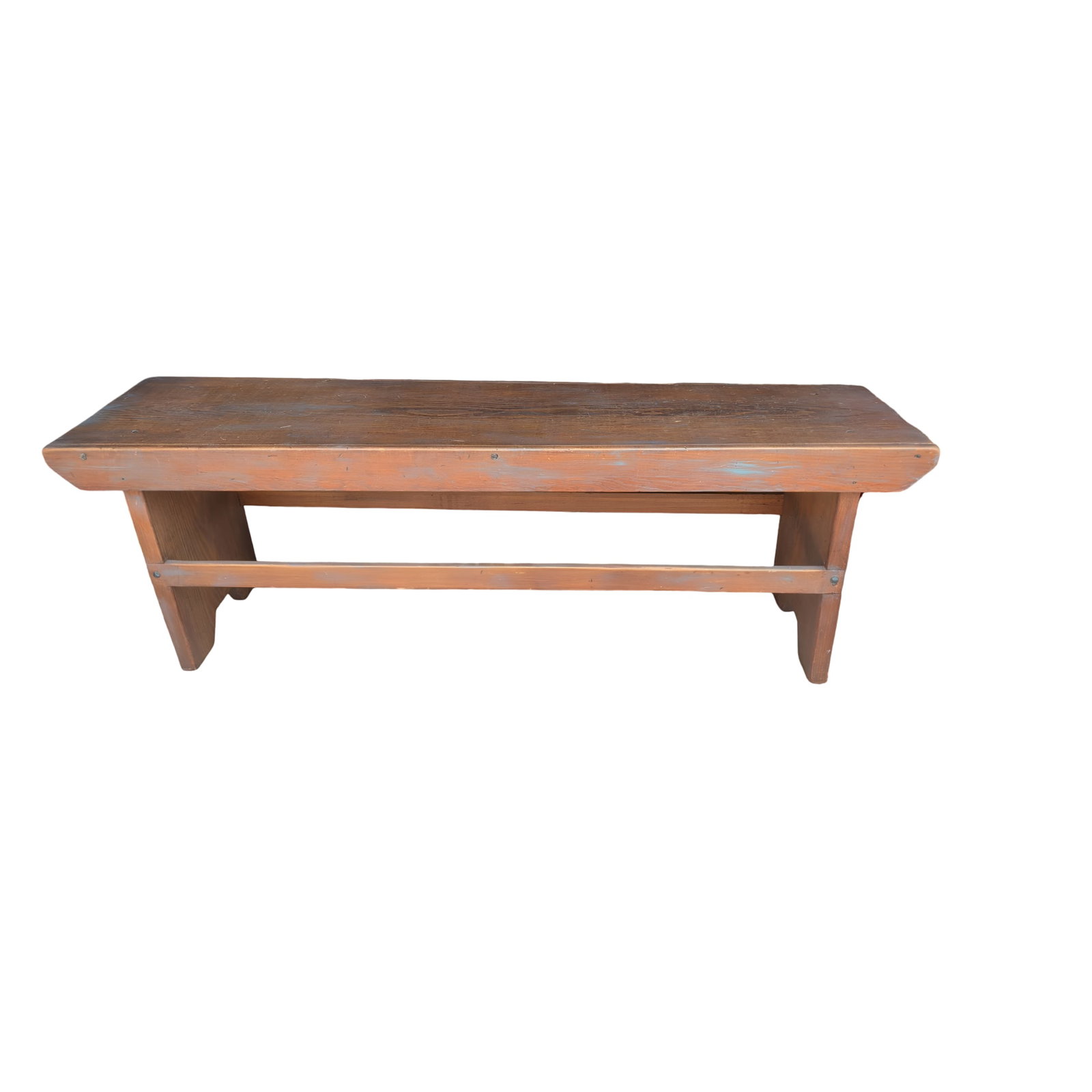Primitive Wood Bench Signed Sig Schor, 1975, 48 x 12 x 16 in: Primitive wooden bench featuring a rustic design with visible wood grain. Signed 'Sig Schor' and dated 1975 on the underside. Dimensions are approximately 48 inches long, 12 inches wide, and 16 inches