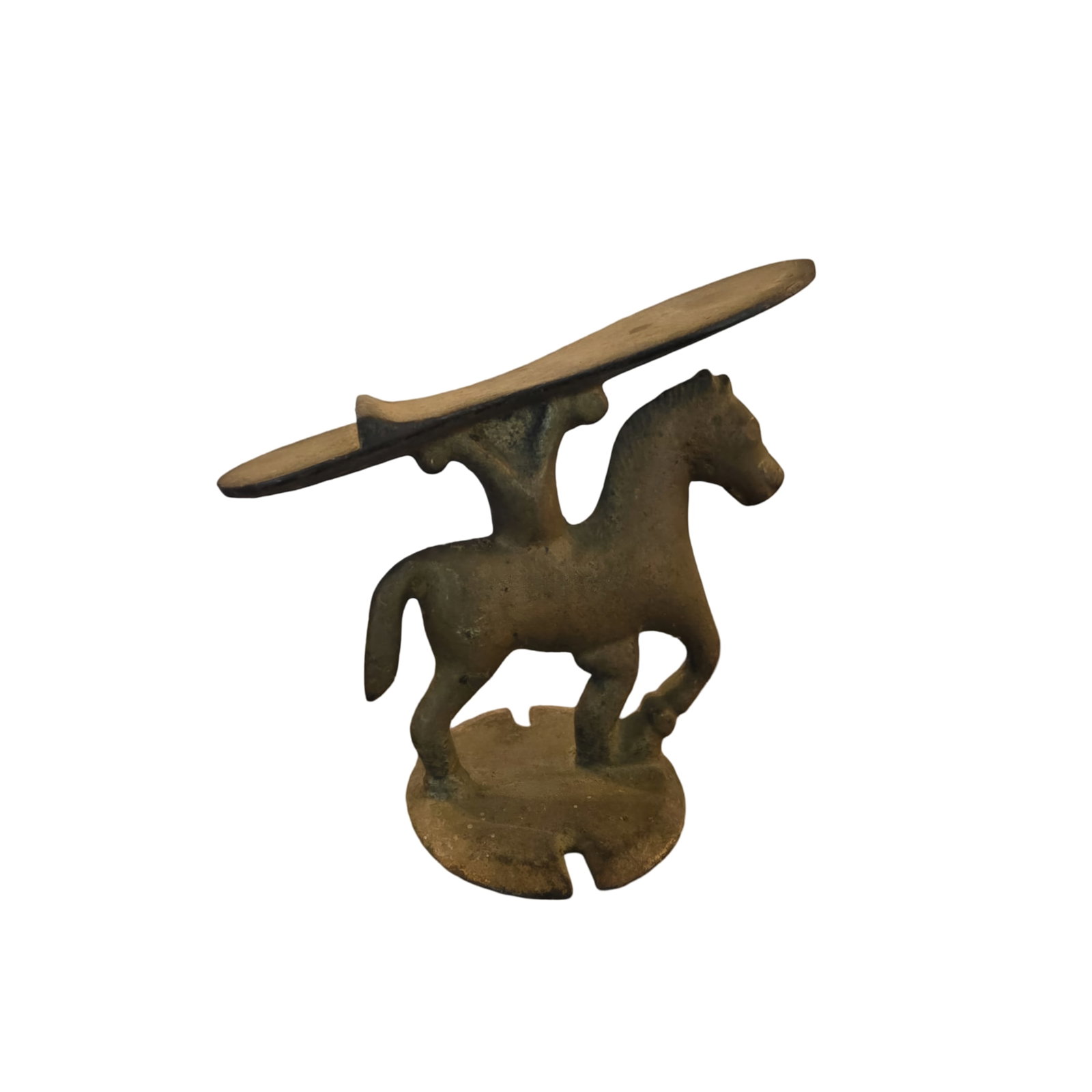 Antique Cast Iron Equestrian Shoe Shine Rest: Cast iron shoe shine rest featuring a horse-shaped base supporting an angled top platform for shoe placement. The horse figure includes detailed features, standing on a circular base with a slot for