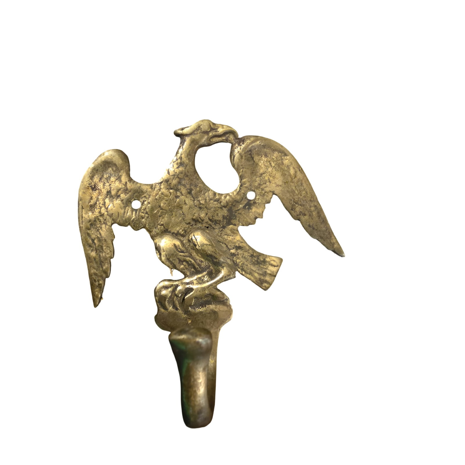 Brass Eagle-Shaped Wall Hook: Brass wall hook designed in the shape of an eagle with outstretched wings. Features two mounting holes for secure attachment and a sturdy curved hook. The surface shows signs of wear, including tarnis