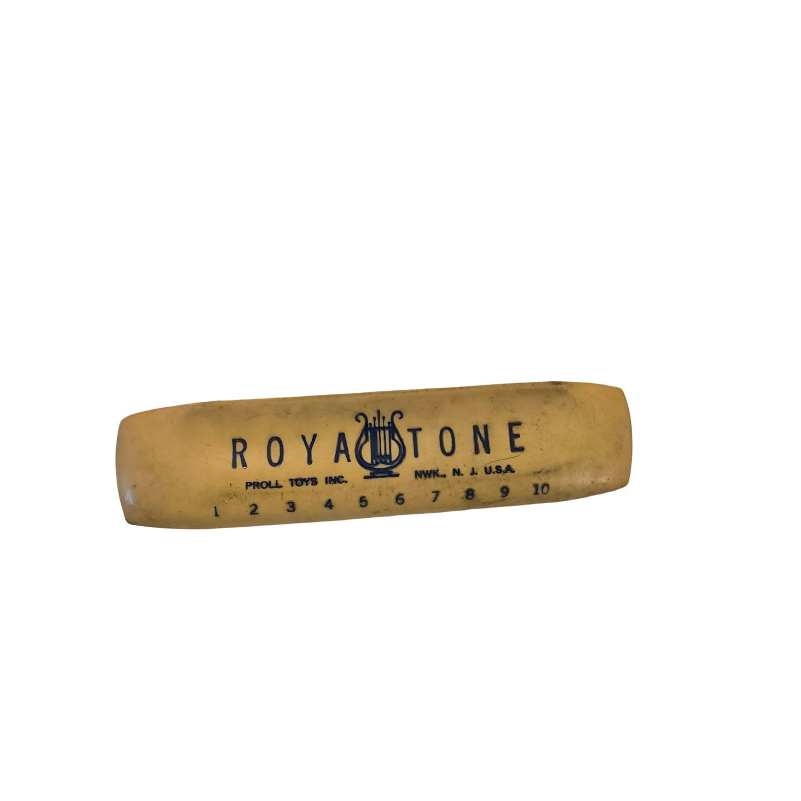 Royal Tone Plastic Harmonica by Proll Toys Inc., USA: A vintage Royal Tone harmonica made by Proll Toys Inc. in Manalapan, New Jersey, USA. Constructed of molded yellow plastic with blue detailing and marked with numbered slots 1 through 10. Features emb