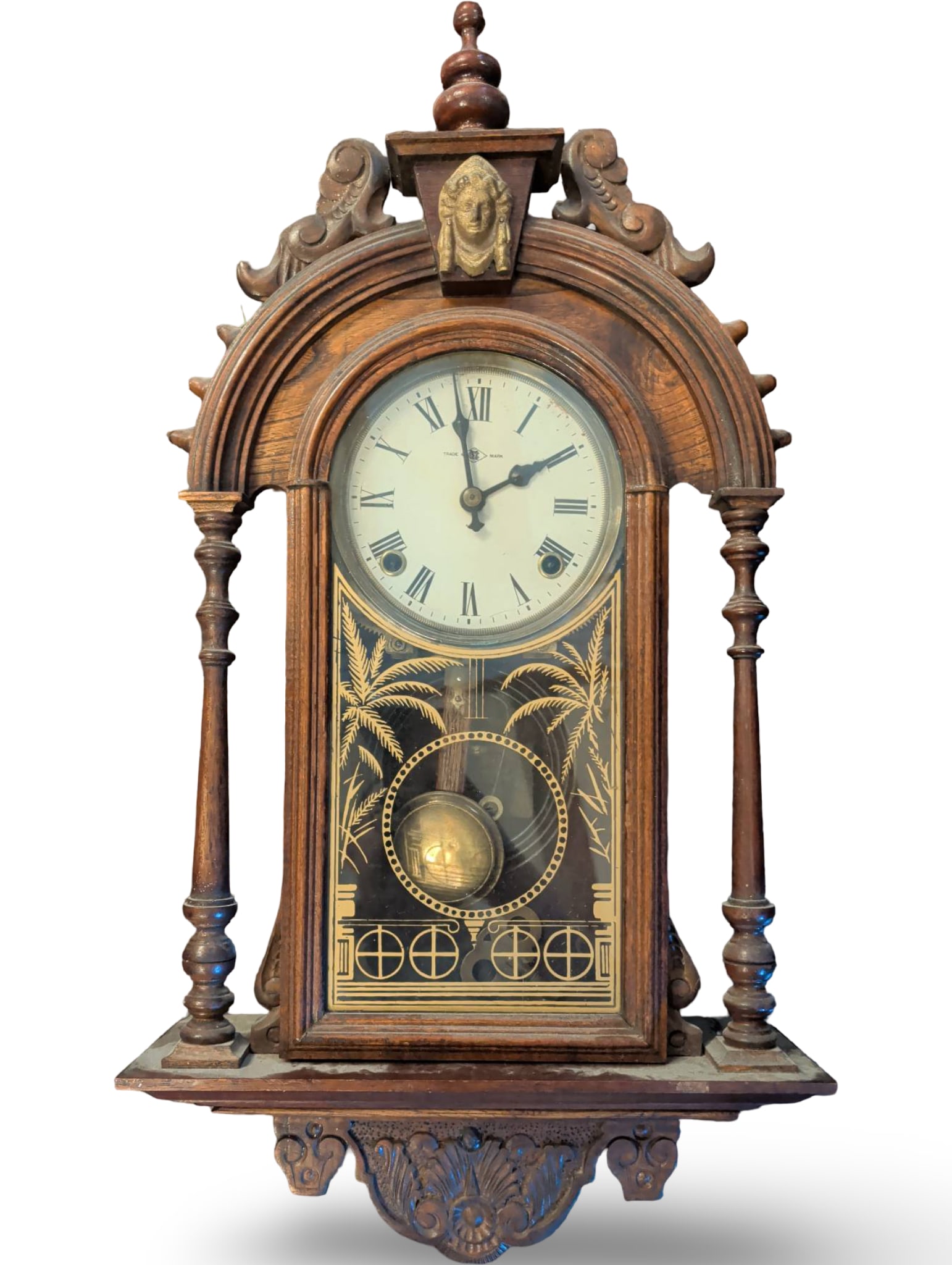 Wood-Cased Wall Clock with Roman Numeral Dial, Pendulum, and Glass Door, 25 in. x 13 in. x 5 in. (1 of 3)