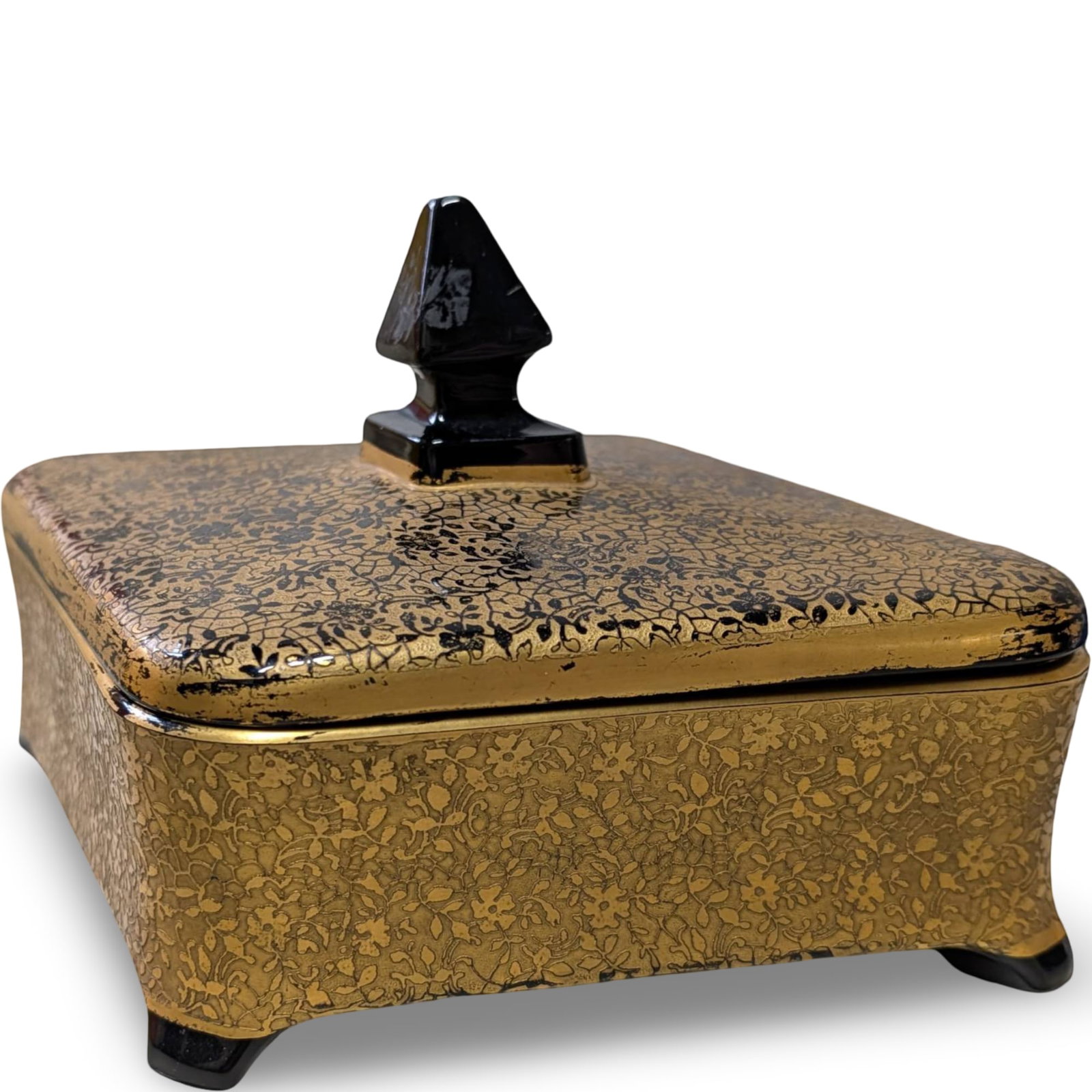 F.B. & Company Amethyst Glass Divided Candy Jar with 22K Gold Overlay, 9.5 x 7 x 5 Inches: Divided candy jar crafted by F.B. & Company in amethyst-colored glass with a 22-karat gold overlay. Features a removable lid with a faceted handle and an internal divider for separation of contents. M