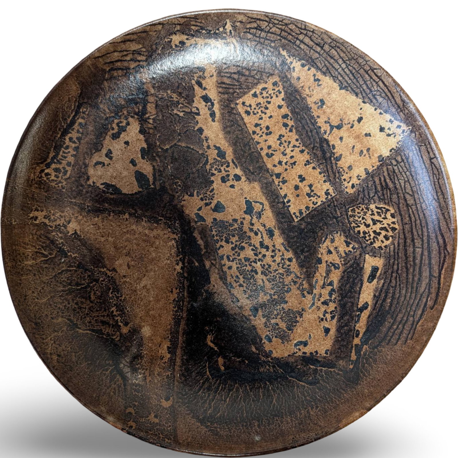 Large Asian-Inspired Ceramic Plate with Makerâ€™s Mark, Signed Antony Pitot: 14-inch diameter Asian-inspired ceramic plate with a painterly design evocative of the Japanese Mingei (folk art) movement. The plate showcases an abstract pattern in earthy tones and is signed on the