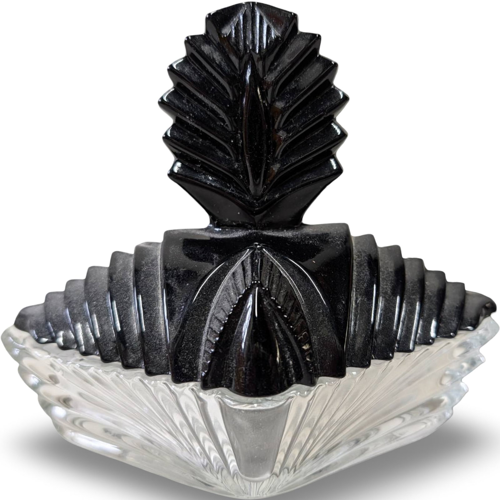 Vintage Martinsville Vanity Trinket Box in Black Amethyst Glass, 1920s: Glass trinket box identified as a Martinsville vanity piece from the 1920s. Composed of black amethyst and clear glass, it features an intricately molded design with a removable lid. Measures approxim
