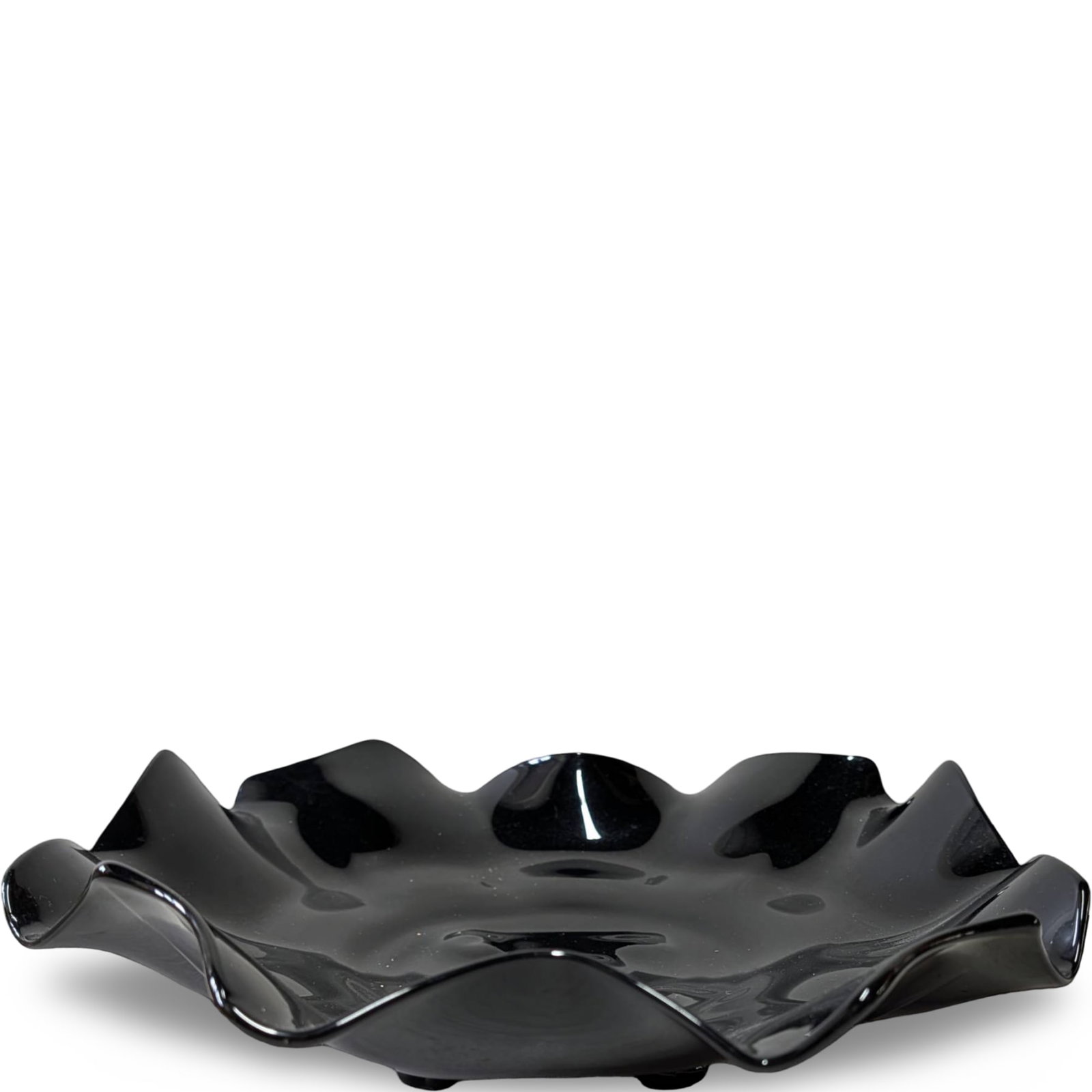 Modern Glass and Metal Ice Bucket with Ornate Copper Accents: Clear glass ice bucket measuring 6 inches tall and 6 inches in diameter. Features an ornate black metal frame with oval copper-toned accents in a symmetrical design. The glass base includes a starburs