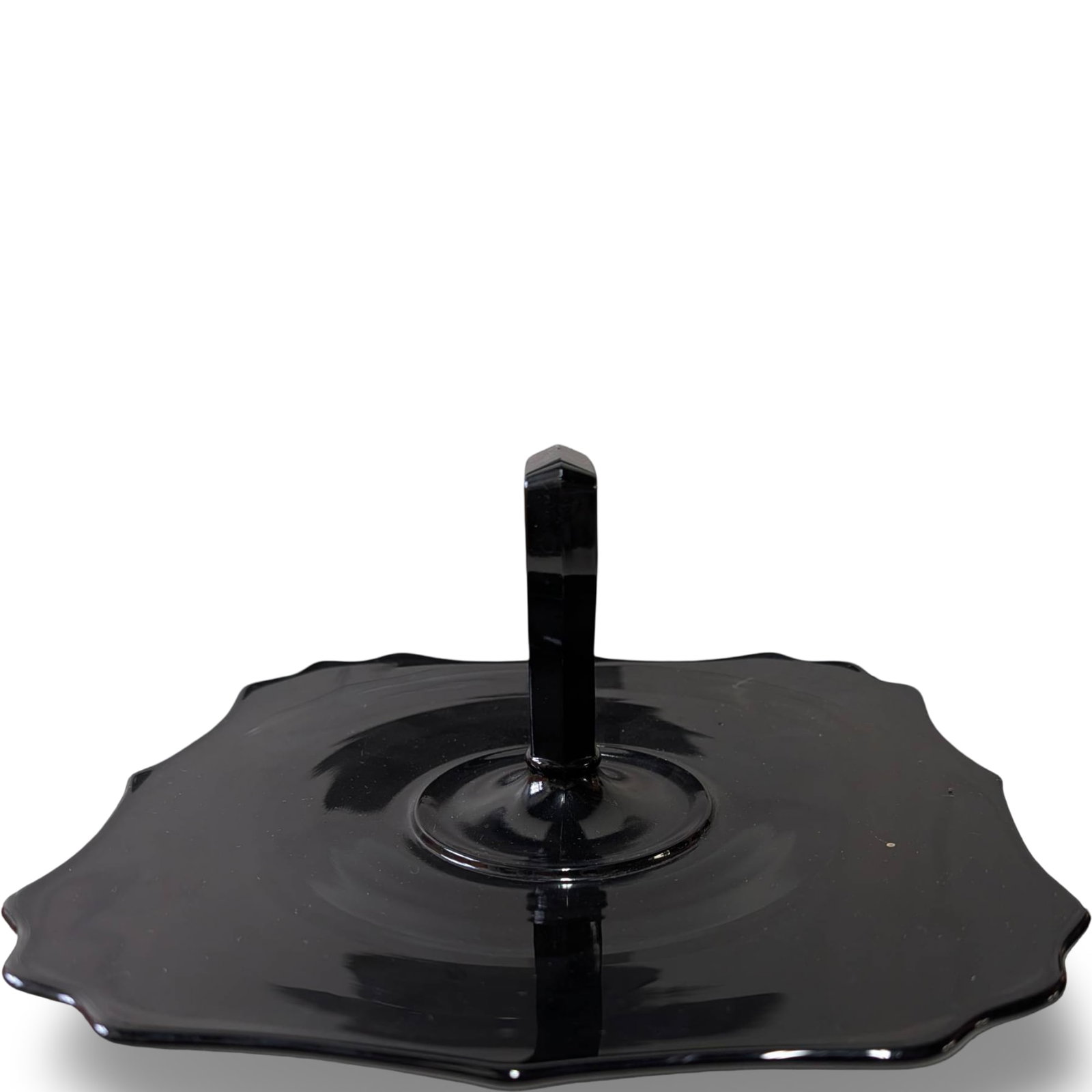Three Black Glass Vases with Scalloped Rims: Three black glass vases featuring scalloped edges at the rim. Each vase measures approximately 6 1/4 inches in height and 3 1/4 inches in diameter. The vases have a glossy finish and curved profiles, 