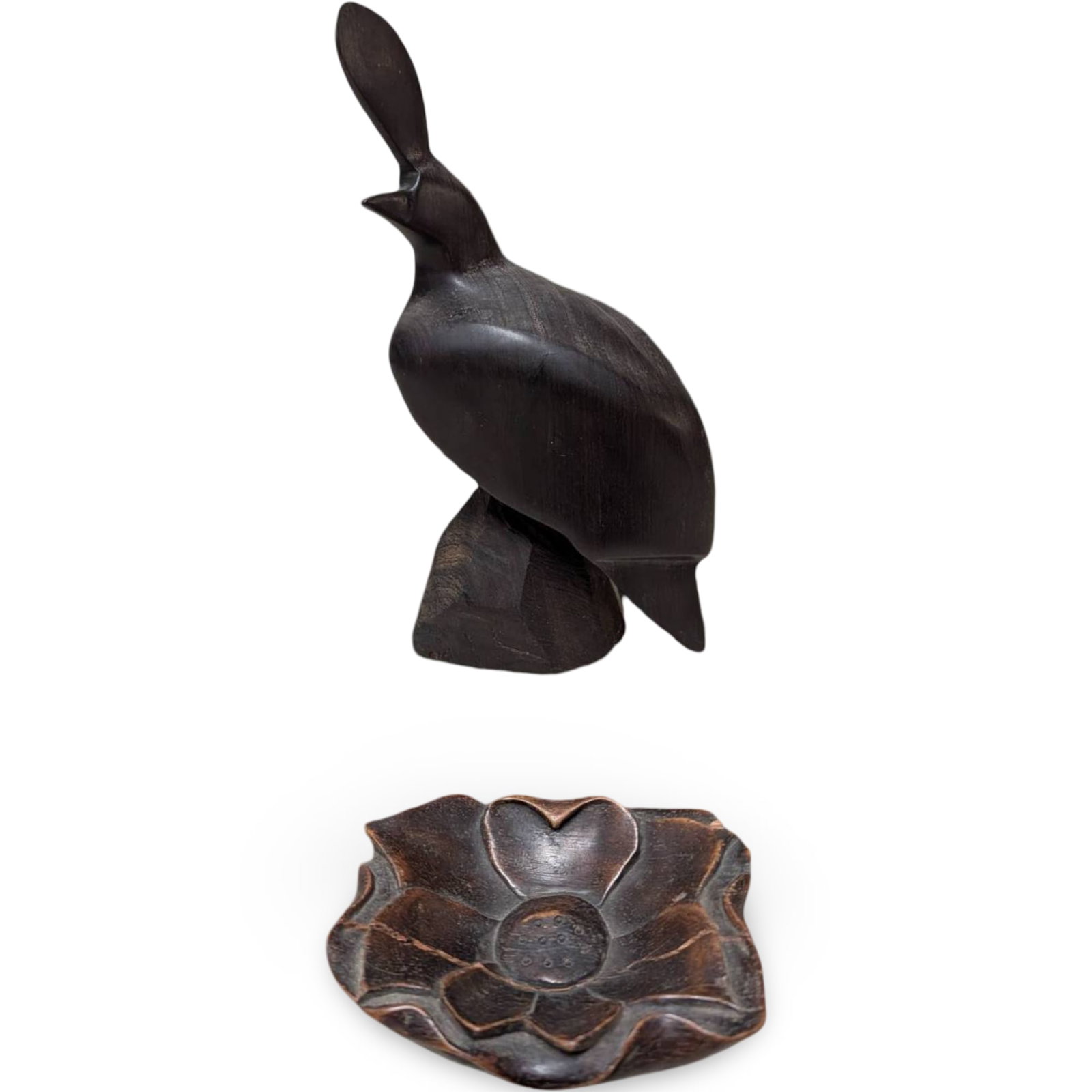 Rosewood Partridge Figure and Lotus Trinket Dish Set: Carved rosewood set including a partridge figure and a lotus-form trinket dish. The partridge stands 11 in tall, 6 in wide, and 4 in deep with a detailed finish. The trinket dish measures 5 in by 4 in