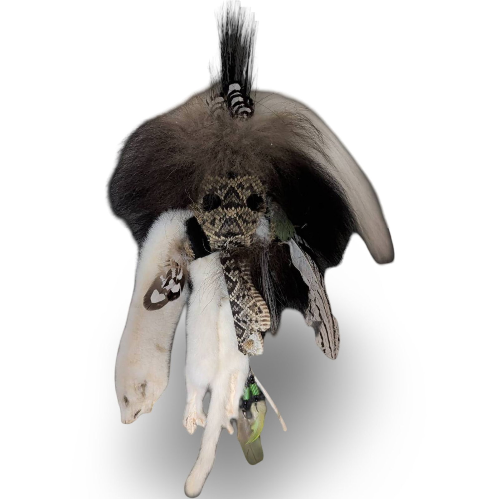 Handcrafted Decorative Mask with Snakeskin, Fur, Feathers, and Beads: Decorative handmade mask crafted from natural materials, including a primary snakeskin element, various furs, feathers, and beaded strands. The mask appears to incorporate artistic styles resembling N