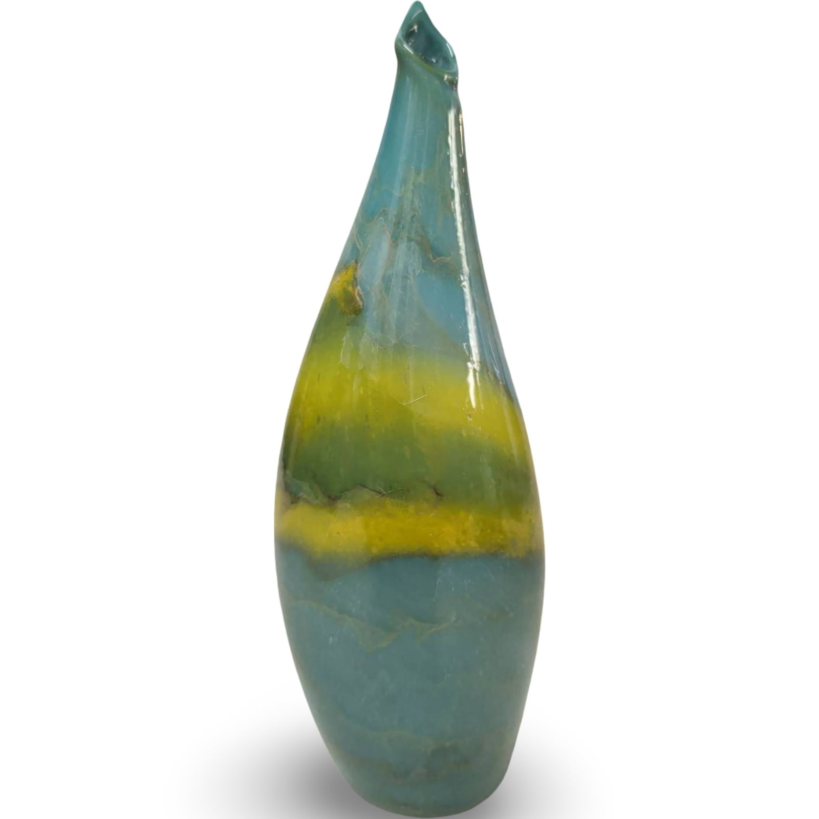 Handblown Glass Vase with Curved Form, 7.25 Inches Tall: Handblown glass vase featuring a unique curved form with a tapered neck and pointed top. The piece is finished in a turquoise blue base color with vibrant yellow swirls, creating a dynamic contrast in