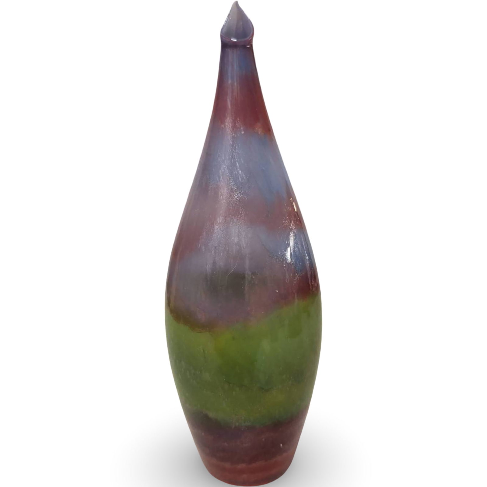 Multicolor Hand-Blown Glass Vase, Approximately 7 3/4 Inches Tall: A hand-blown glass vase featuring a teardrop-shaped body with a flowing multicolor design in red, green, and blue hues. The vase measures approximately 7 3/4 inches in height and tapers to a pointed t