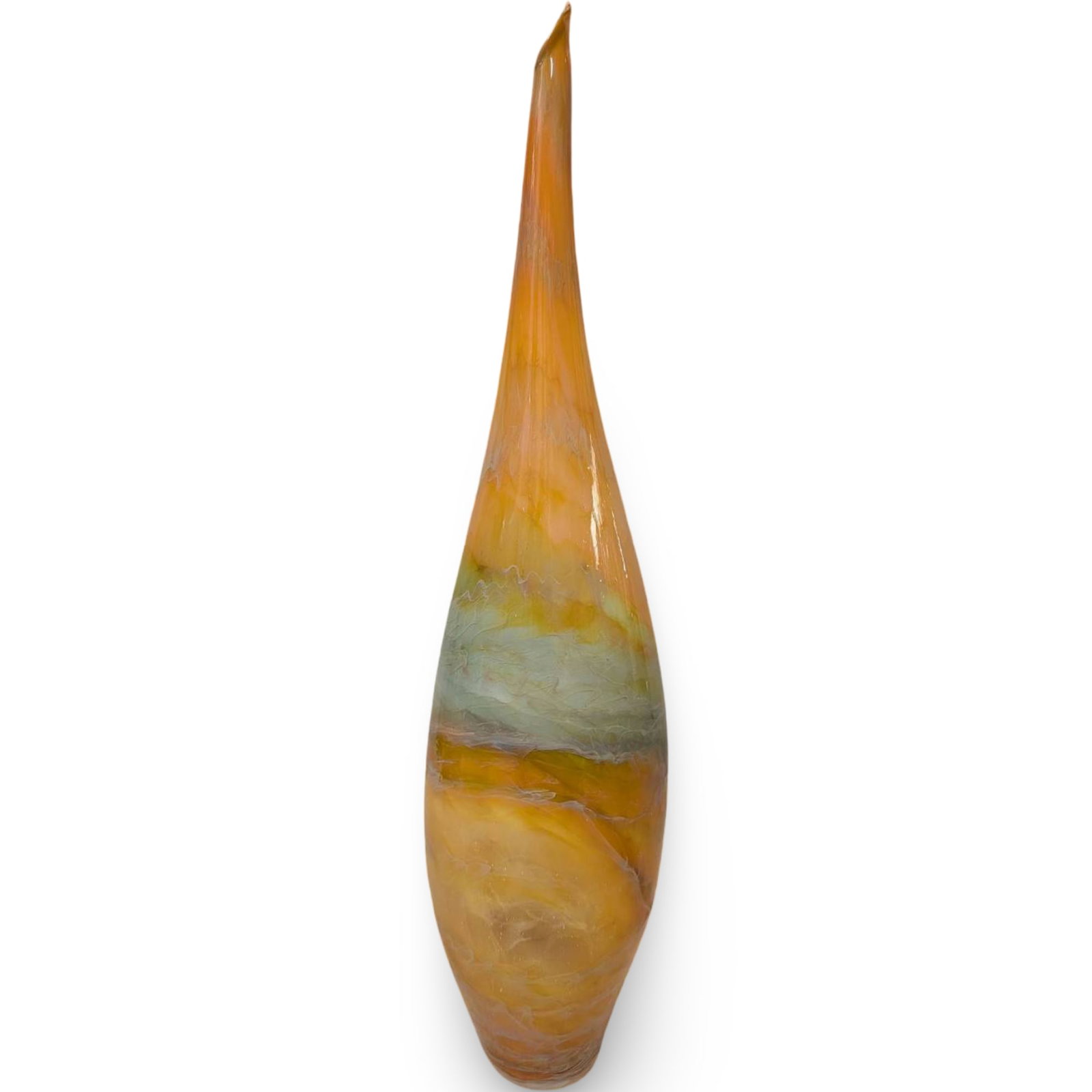 Art Glass Vase with Multicolor Swirl Design, 16 Inches Tall: Blown art glass vase featuring a slender elongated form with a pointed top. Decorated with a multicolor swirl design incorporating shades of orange, yellow, and green. Stands approximately 16 inches t
