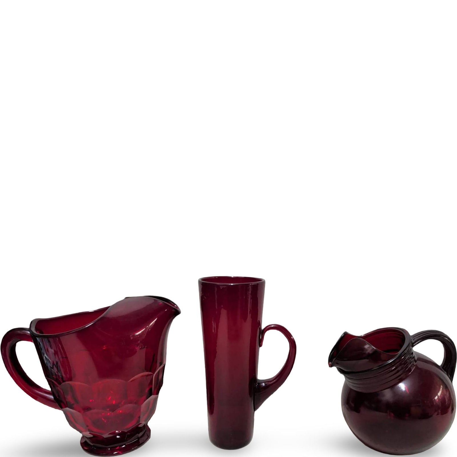 Ruby Red Glassware Set: Deco-Style Pitcher, Honeycomb-Pattern Pitcher, and Tall Glass Vase (1 of 5)